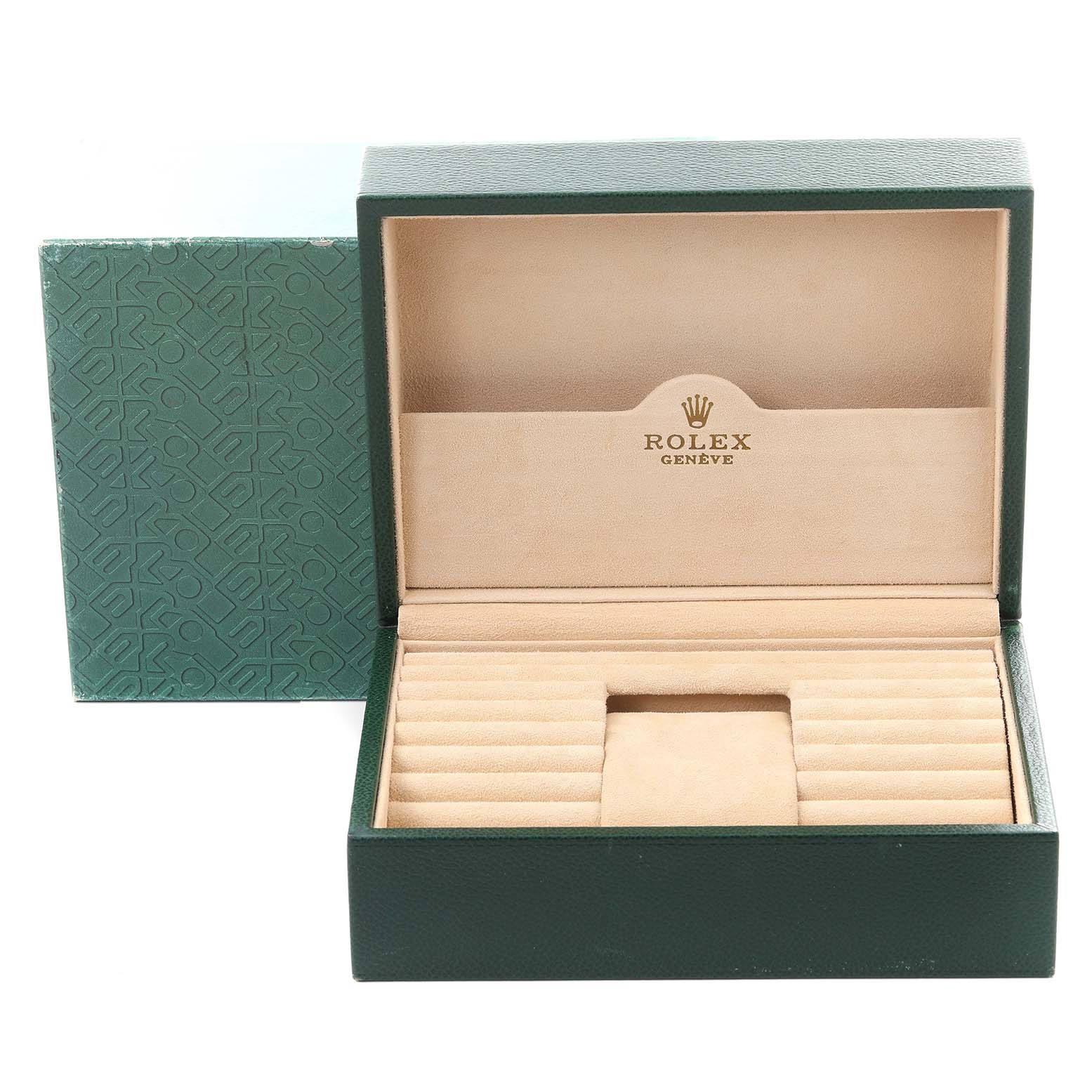 This image shows an open green and beige box for the Rolex President 118238 Men's Yellow Gold Mother of Pearl Dial 118238 Men's Yellow Gold Mother of Pearl Dial model, featuring the brand logo inside.