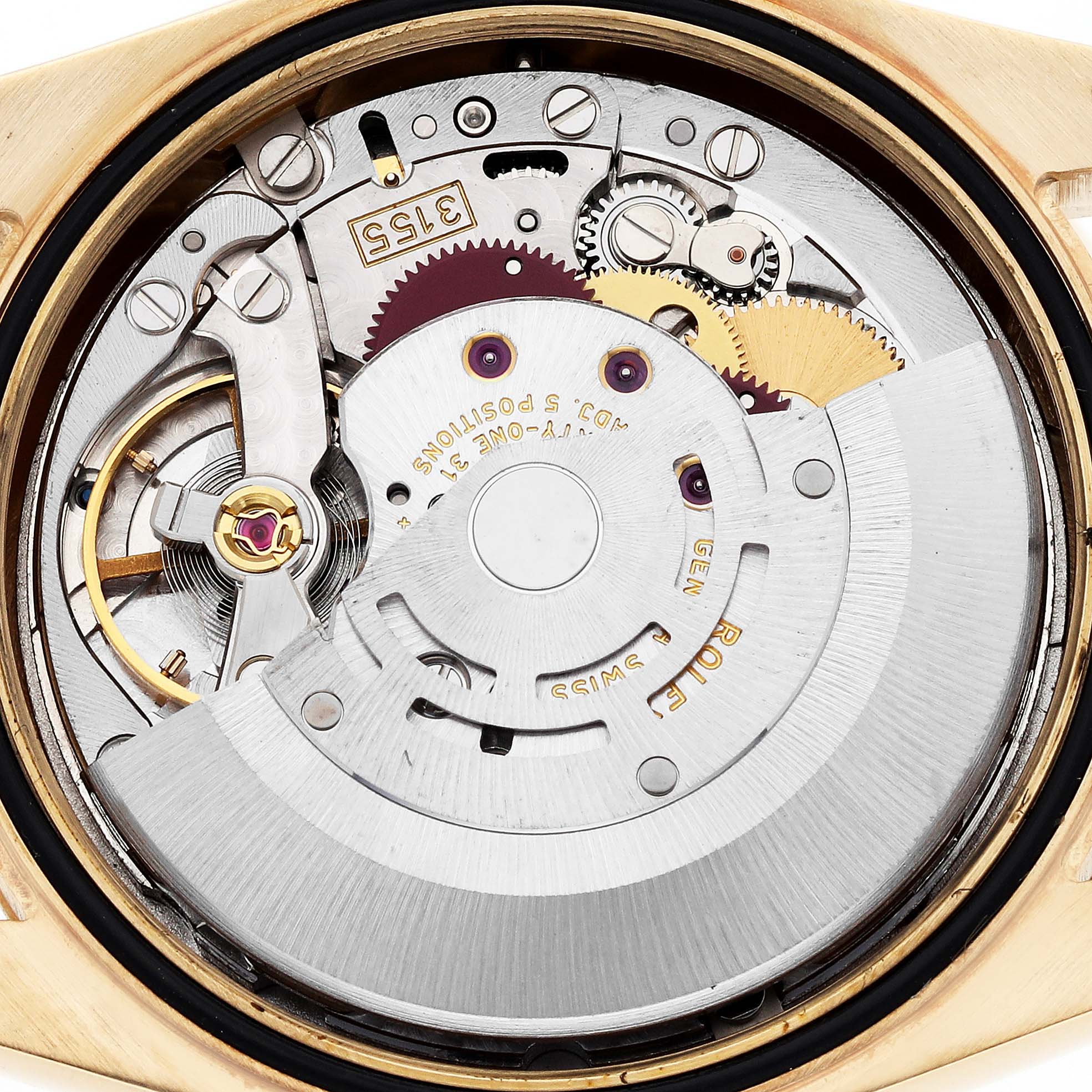 The image shows the inner mechanics of a Rolex President 118238 Men's Yellow Gold Mother of Pearl Dial 118238 Men's Yellow Gold Mother of Pearl Dial model from a top-down angle, highlighting gears and the rotor.