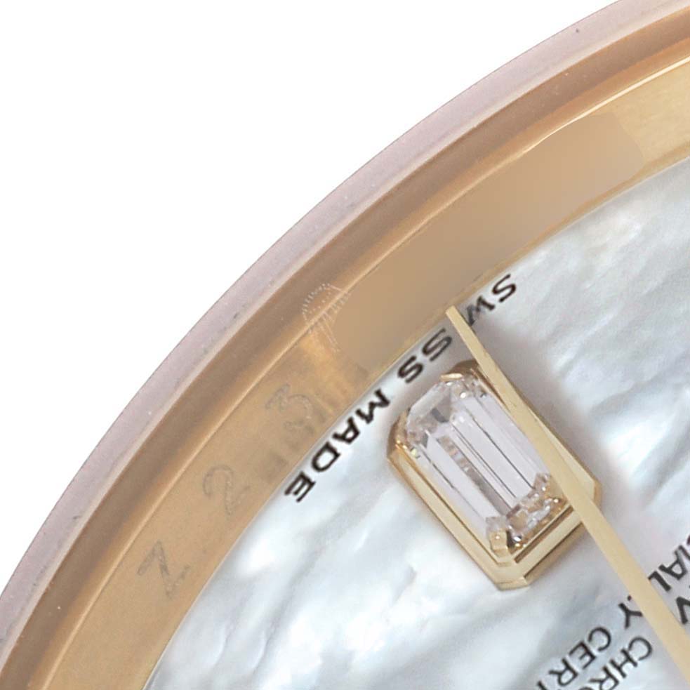 The image shows a close-up of the bezel and part of the dial of a Rolex President 118238 Men's Yellow Gold Mother of Pearl Dial 118238 Men's Yellow Gold Mother of Pearl Dial watch, highlighting a diamond marker.