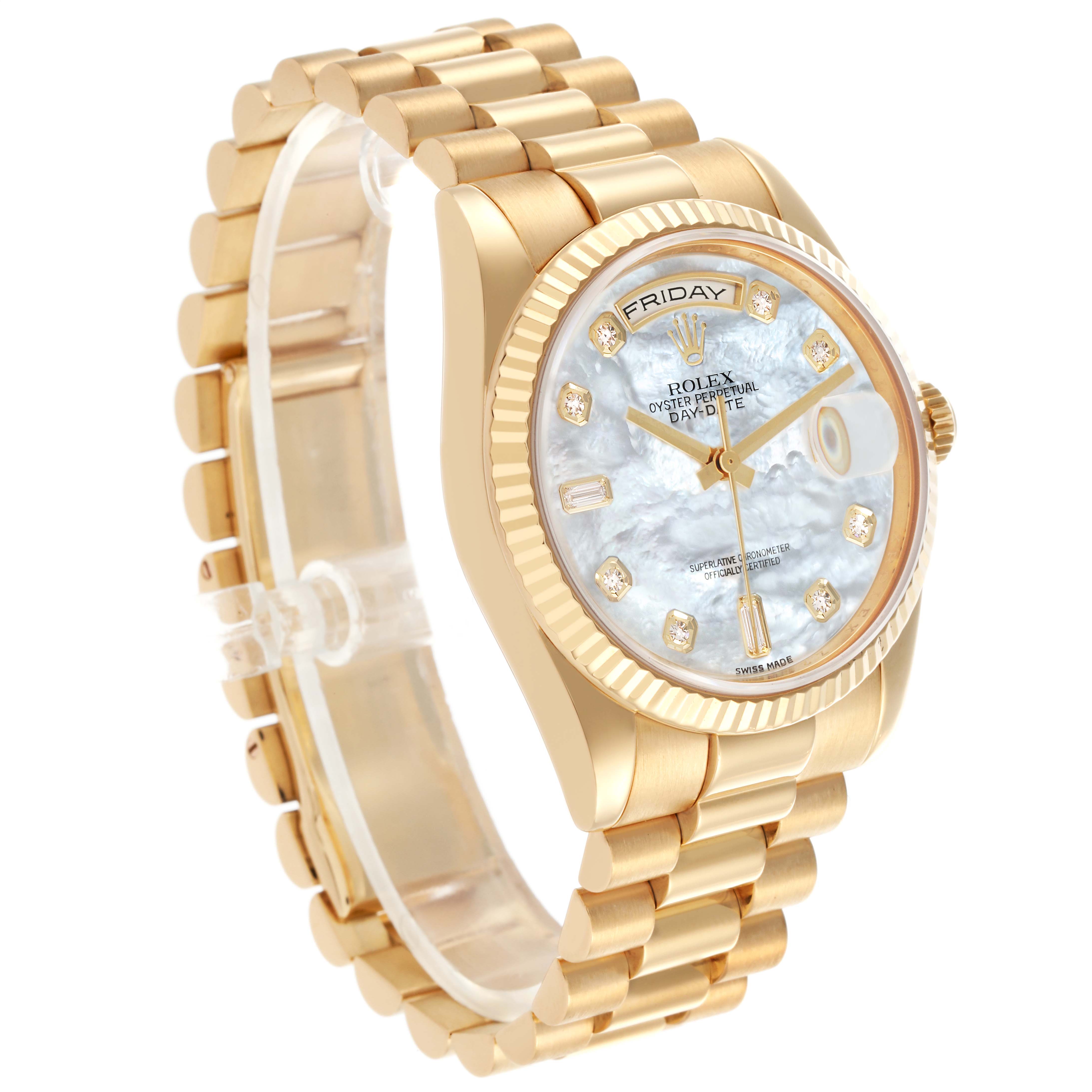 The Rolex President 118238 Men's Yellow Gold Mother of Pearl Dial 118238 Men's Yellow Gold Mother of Pearl Dial watch is shown at a side angle, highlighting the dial, bezel, crown, and bracelet.