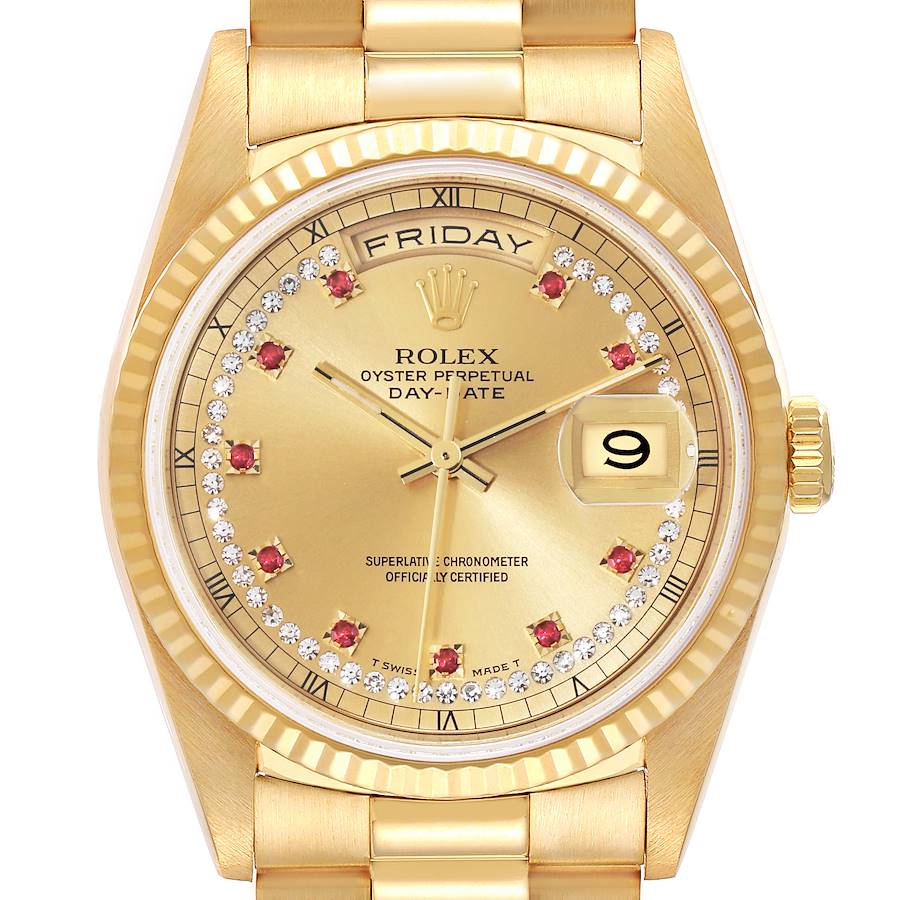 The image shows a frontal view of a Rolex President model, highlighting the gold dial, hands, date, and day display.