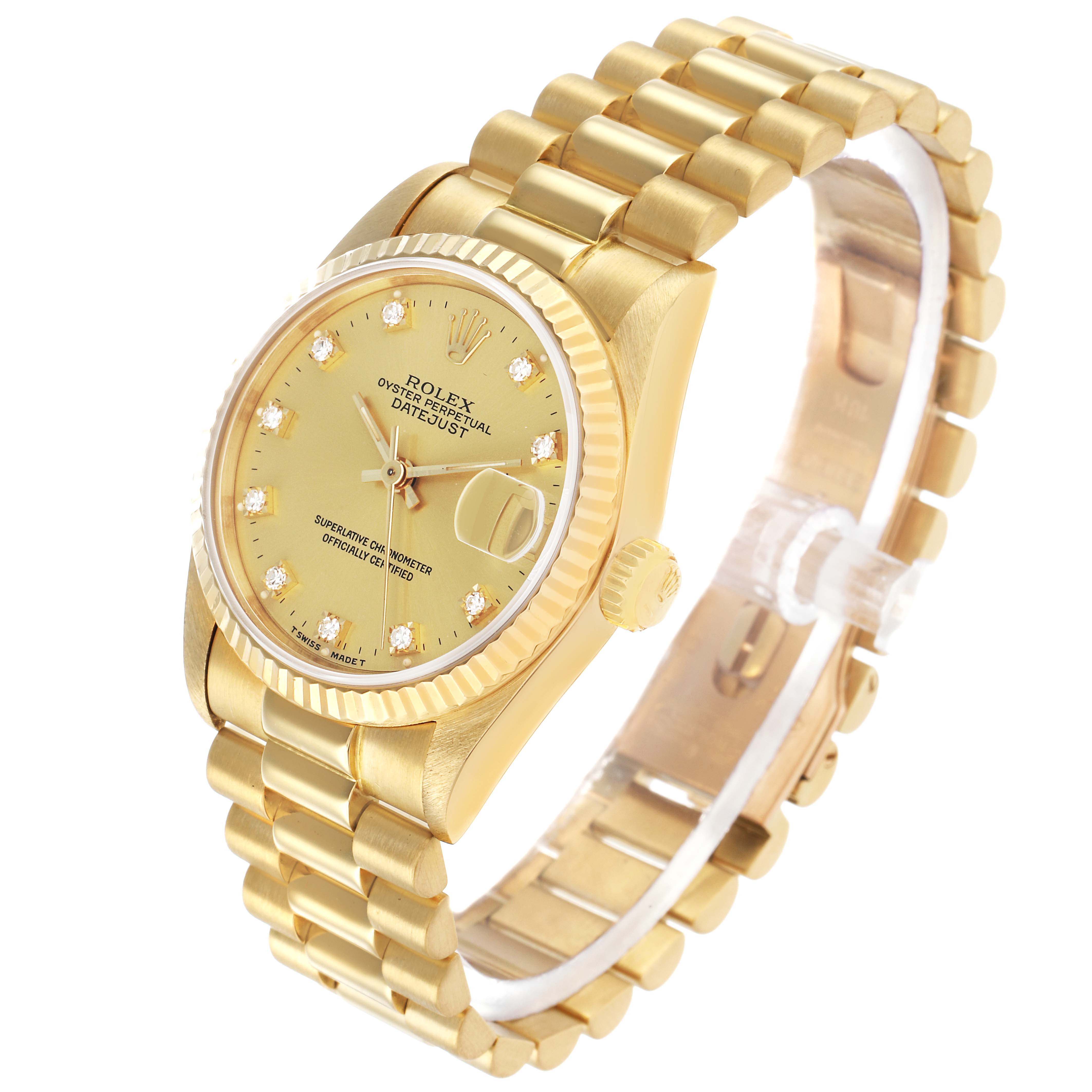 The Rolex President 68278 Women's Yellow Gold Champagne Dial model is shown at a slight angle, revealing the face, bezel, crown, and a portion of the bracelet.