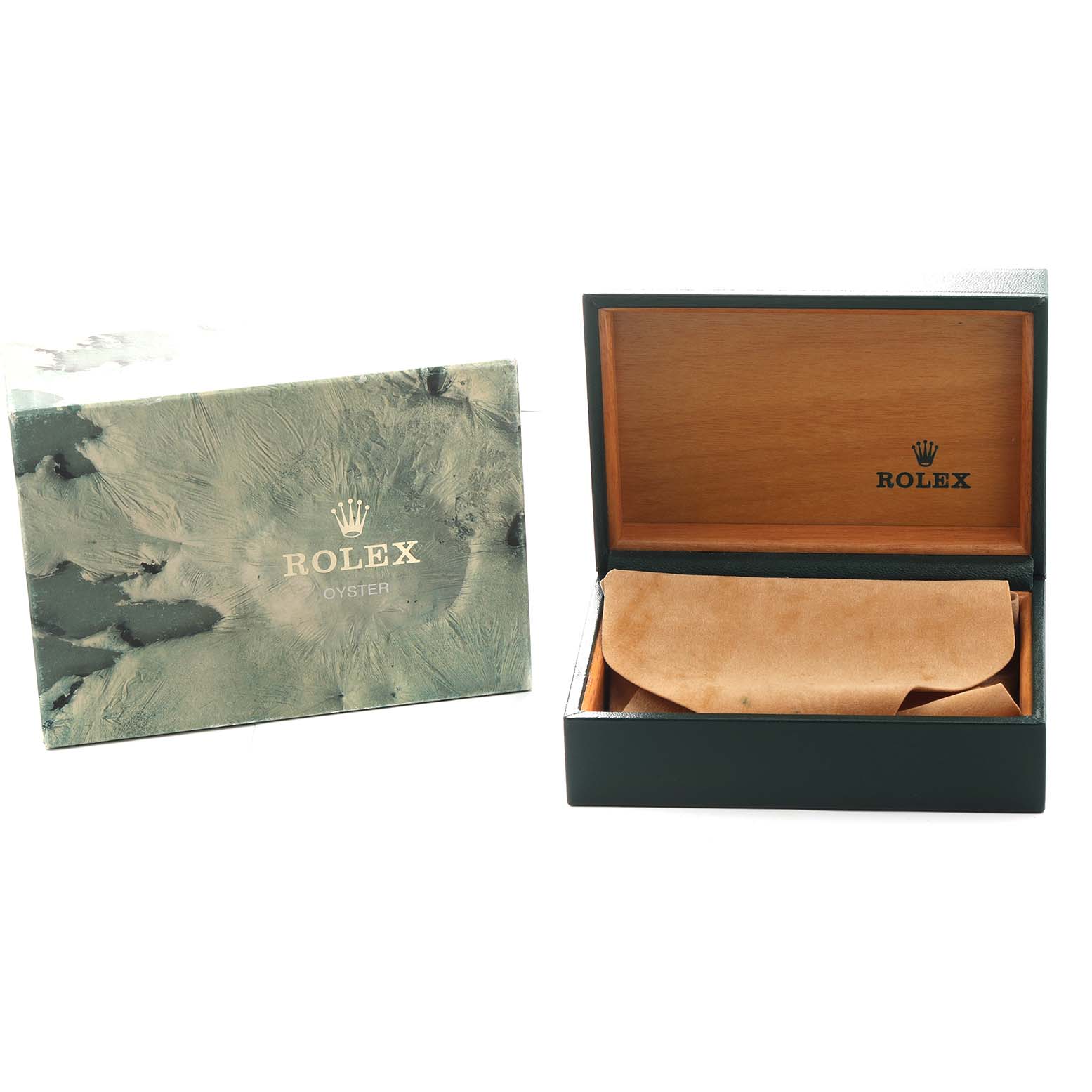 The image shows a Rolex President 68278 Women's Yellow Gold Champagne Dial model's box and pouch from a front angle, with the box open and the branded outer box visible.