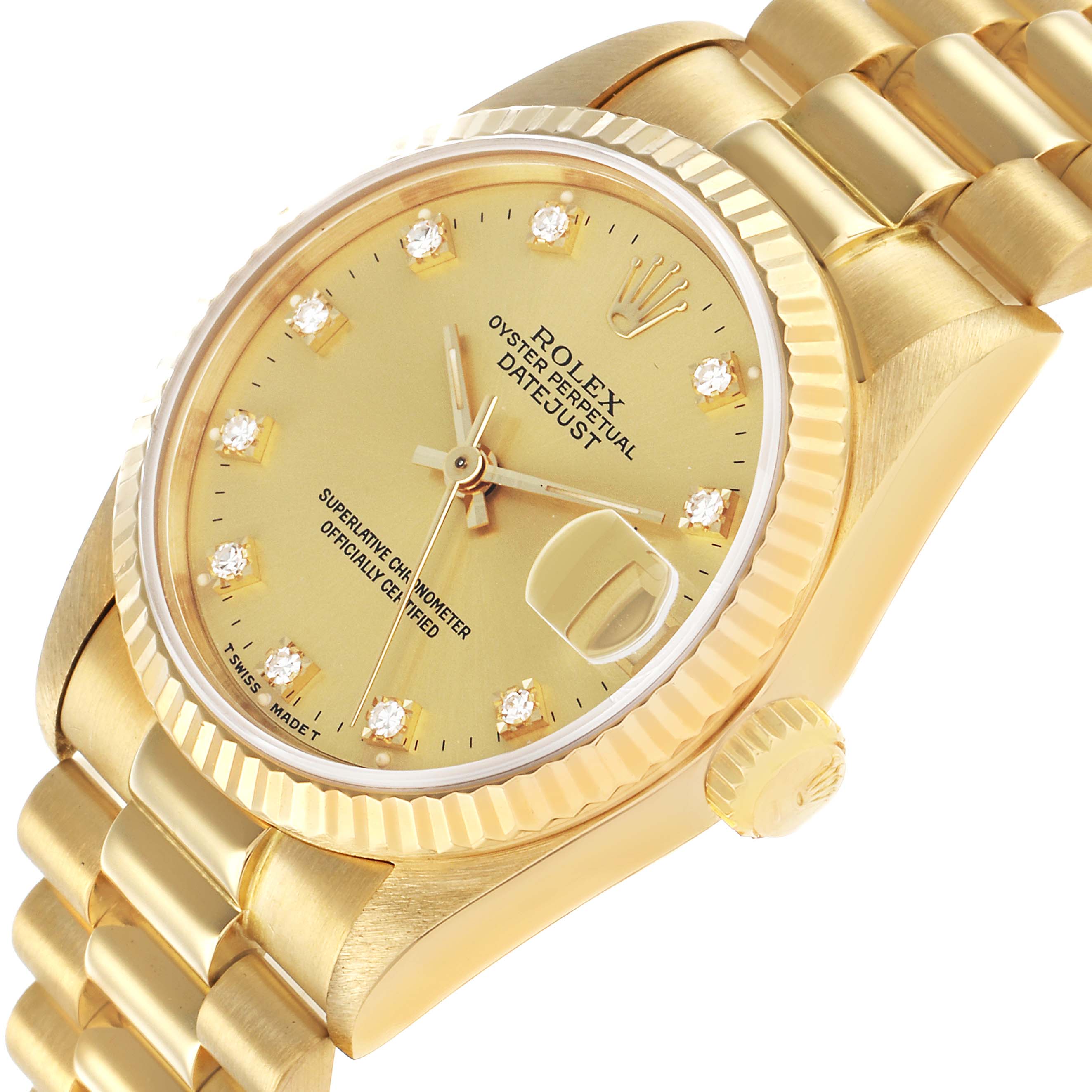 The Rolex President 68278 Women's Yellow Gold Champagne Dial watch is shown from an angled top view, highlighting the dial, bezel, crown, and bracelet.