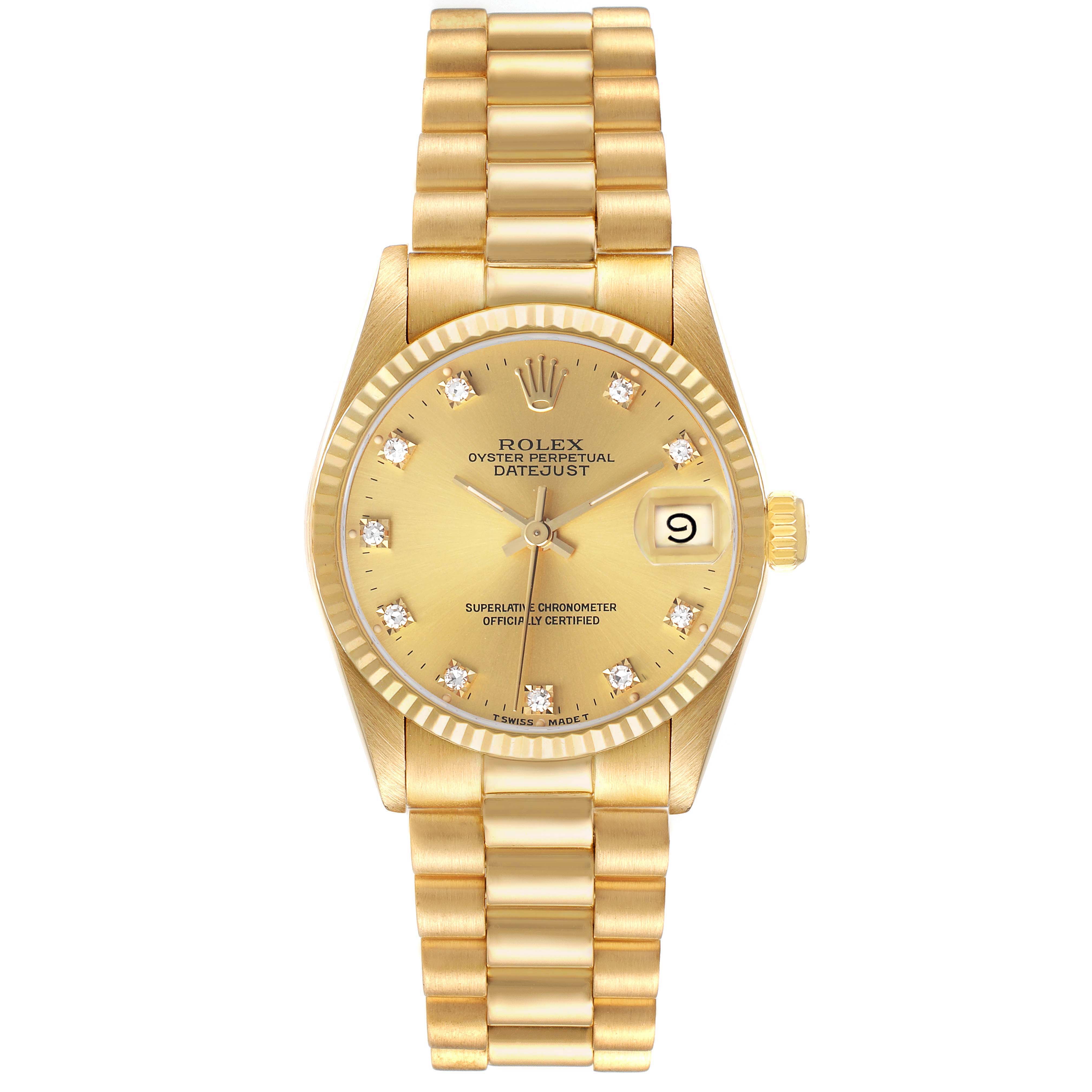 The Rolex President 68278 Women's Yellow Gold Champagne Dial model is shown from a top-down angle, featuring the face, bezel, bracelet, and crown.