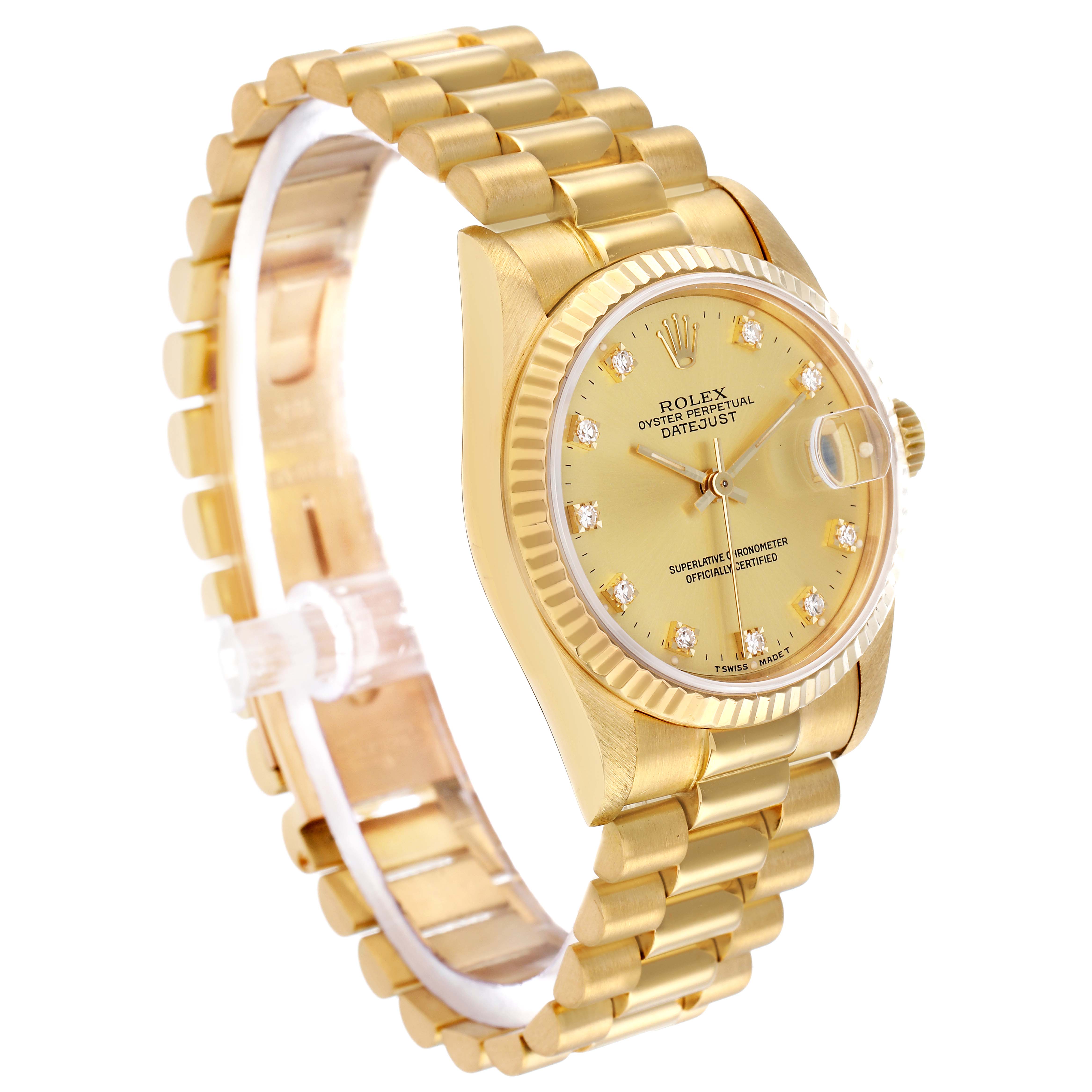 The Rolex President 68278 Women's Yellow Gold Champagne Dial model is shown at a slight angle, highlighting its gold case, fluted bezel, dial, and bracelet.