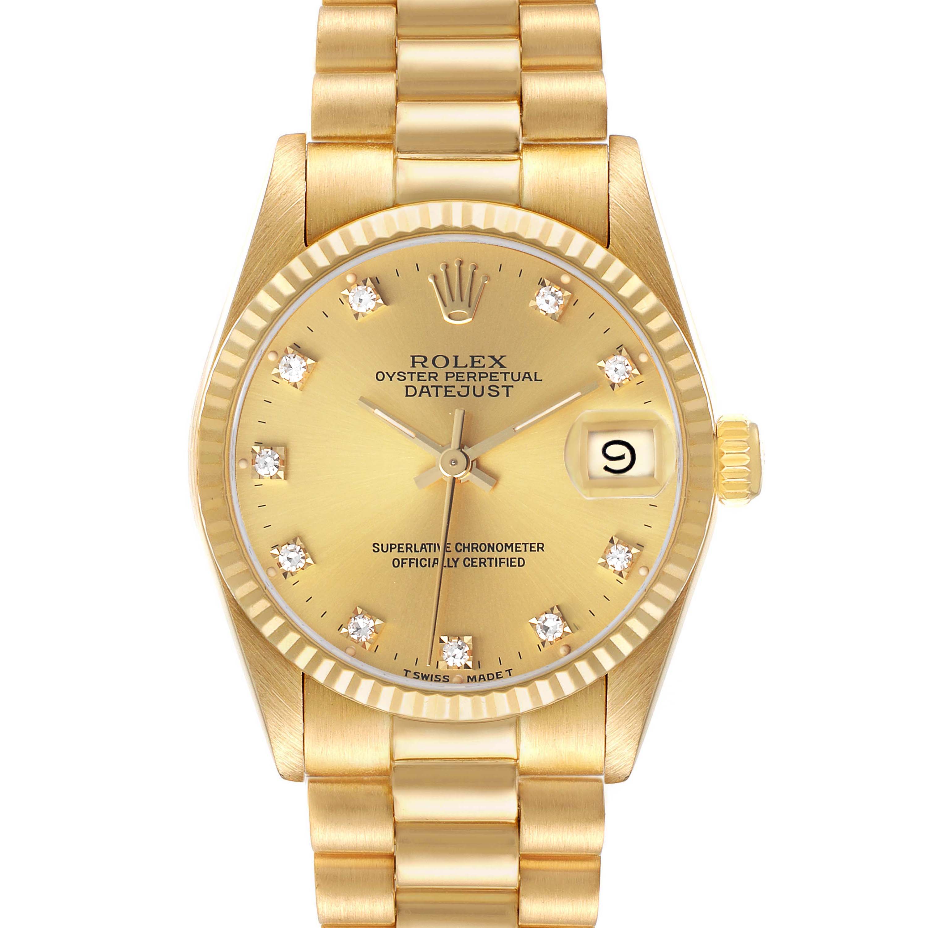 The Rolex President 68278 Women's Yellow Gold Champagne Dial model is shown from a front angle, displaying the dial, bracelet, and crown.