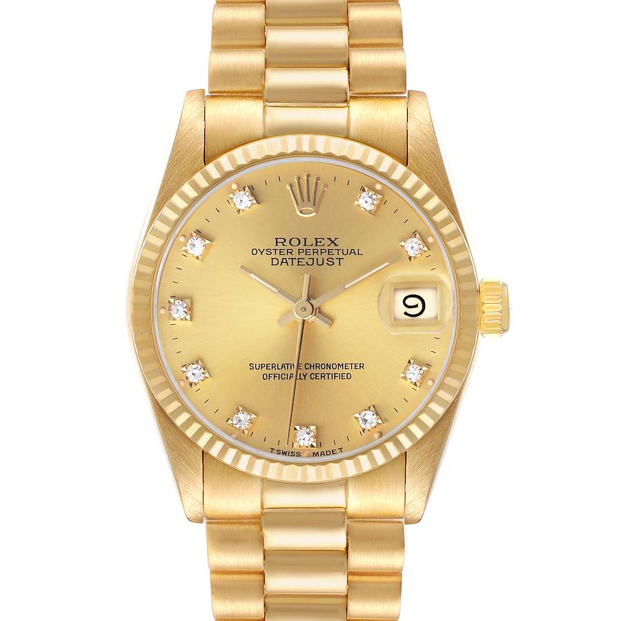 The Rolex President 68278 Women's Yellow Gold Champagne Dial model is shown from a front angle, displaying the dial, bracelet, and crown.