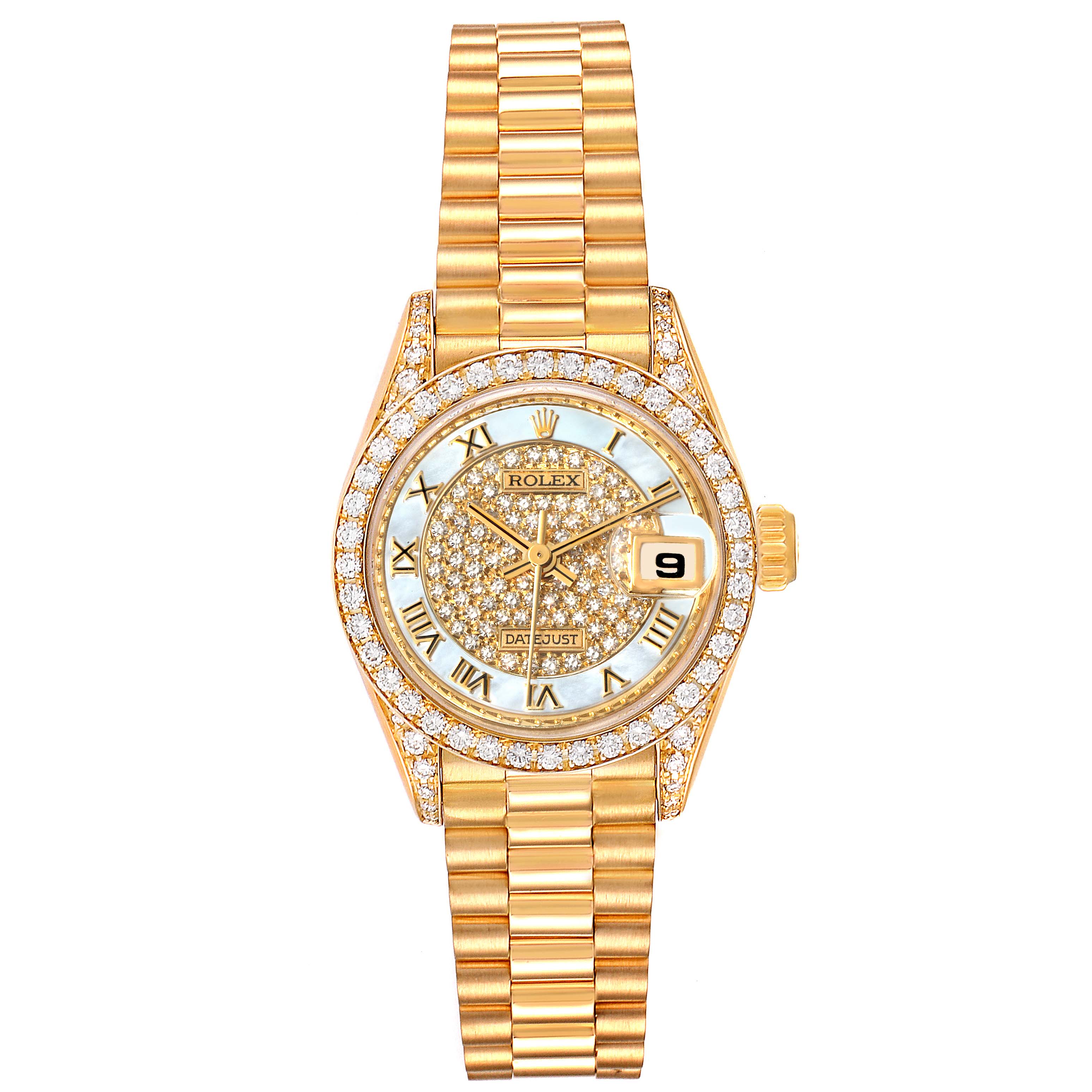 This image shows a frontal view of a Rolex President 69158 Women
s Yellow Gold Mother of Pearl Dial 69158 Women
s Yellow Gold Mother of Pearl Dial model watch with a gold band, diamond-encrusted bezel, and date display.
