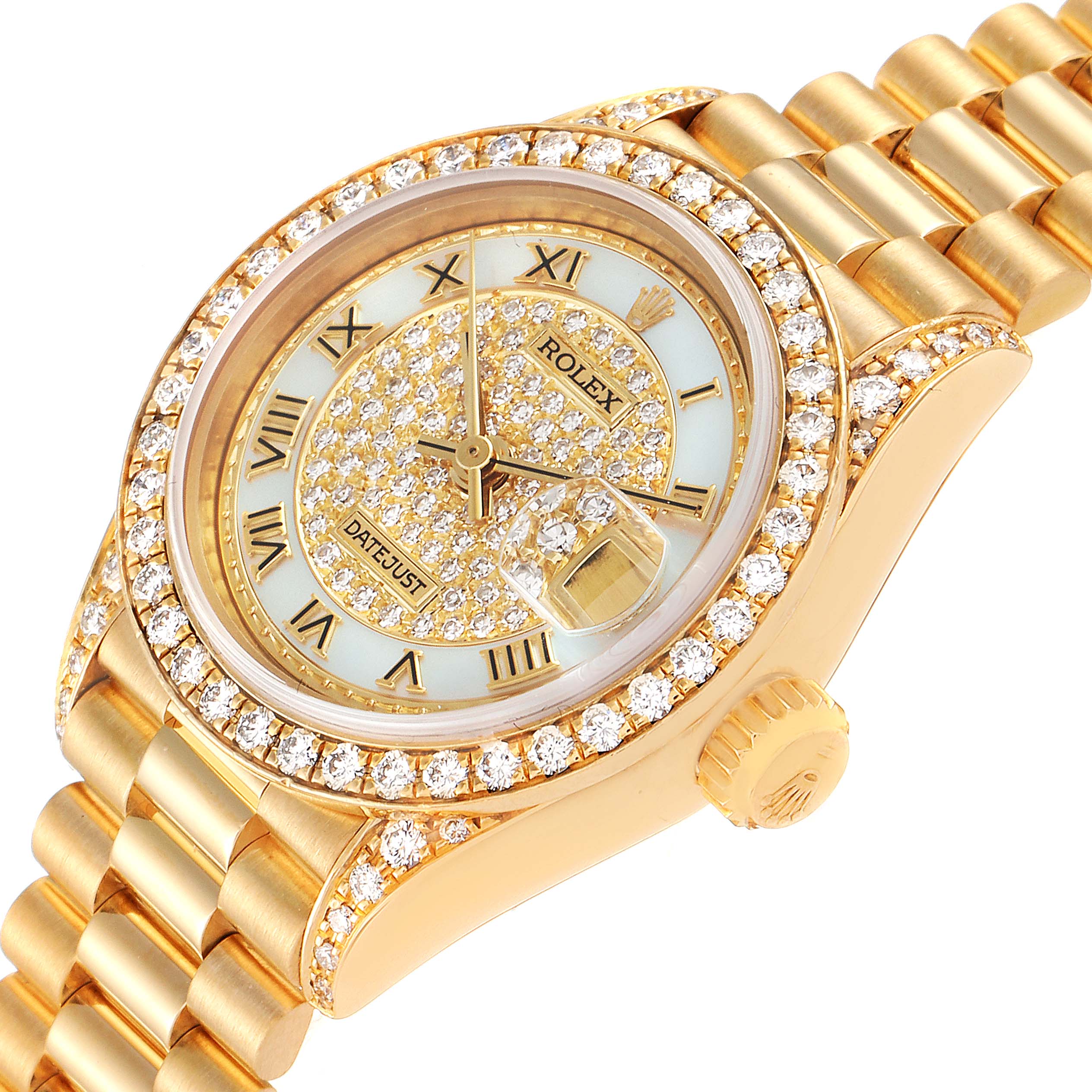 This image shows the President model Rolex watch angled to display the gold bracelet, bezel, crown, and diamond-set dial.