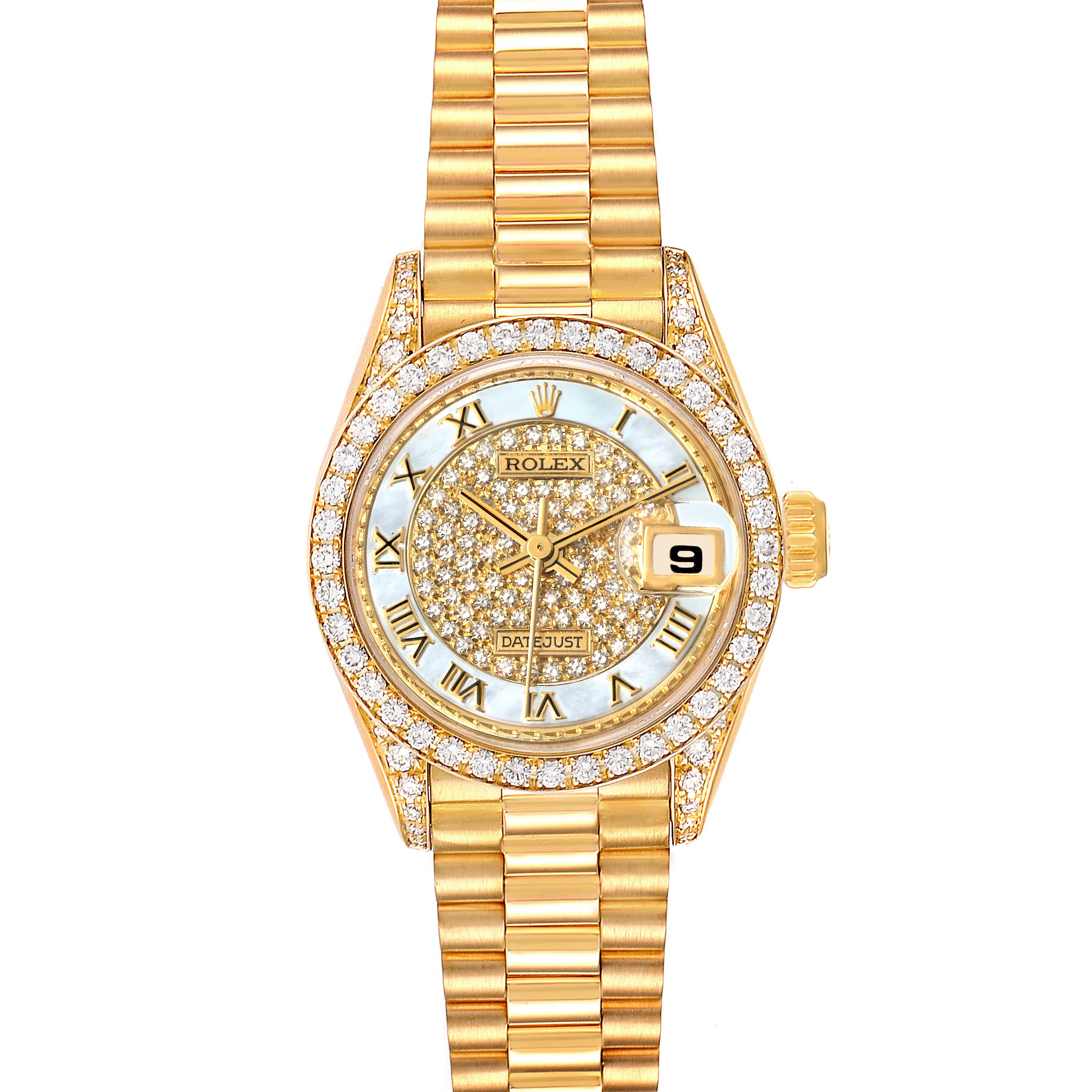 This Rolex President 69158 Women
s Yellow Gold Mother of Pearl Dial 69158 Women
s Yellow Gold Mother of Pearl Dial model watch is shown from a top-down angle, featuring its gold bracelet, diamond-studded bezel, and dial with a date display.