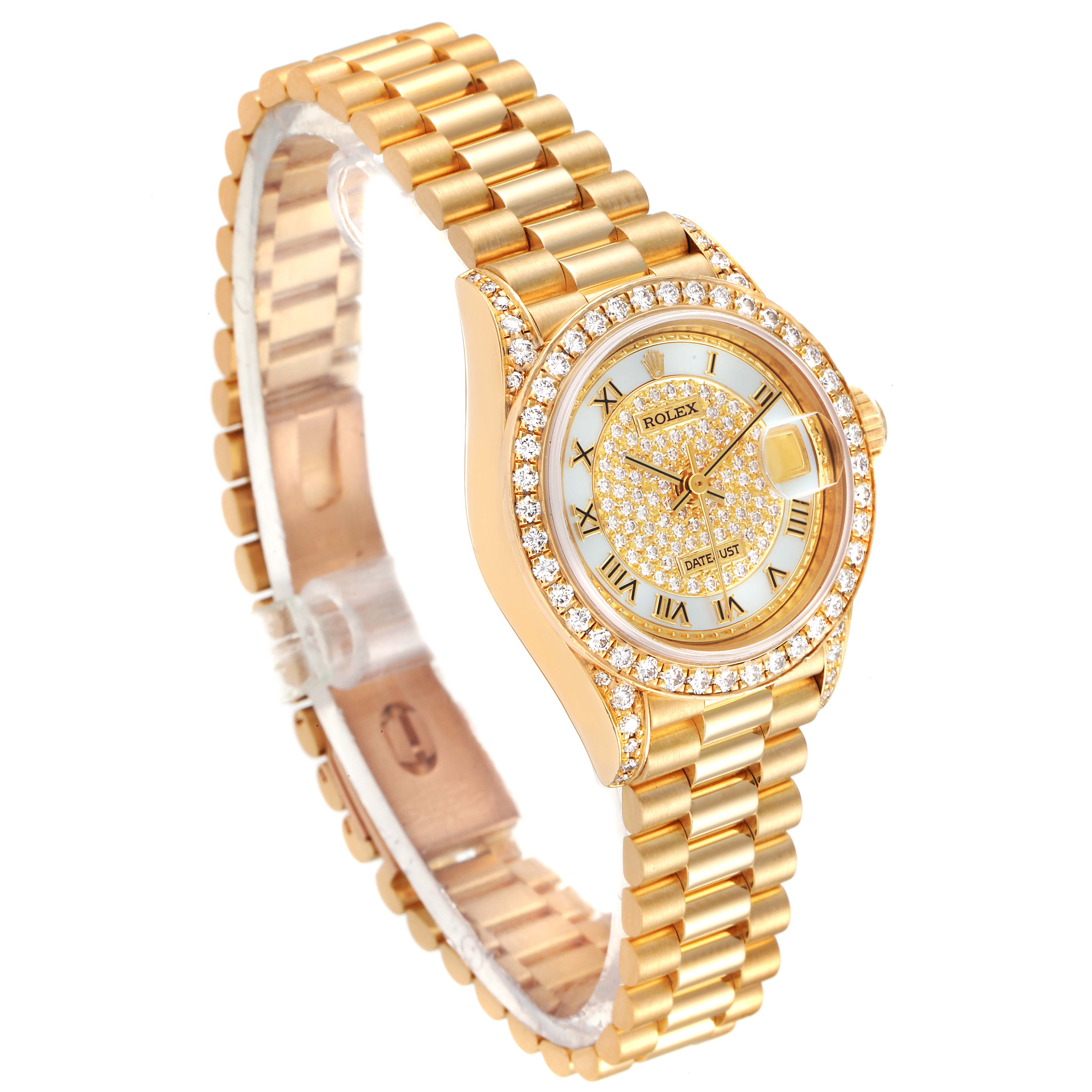 The Rolex President 69158 Women
s Yellow Gold Mother of Pearl Dial 69158 Women
s Yellow Gold Mother of Pearl Dial model watch is shown at an angled perspective, displaying the bezel, dial, bracelet, and crown.