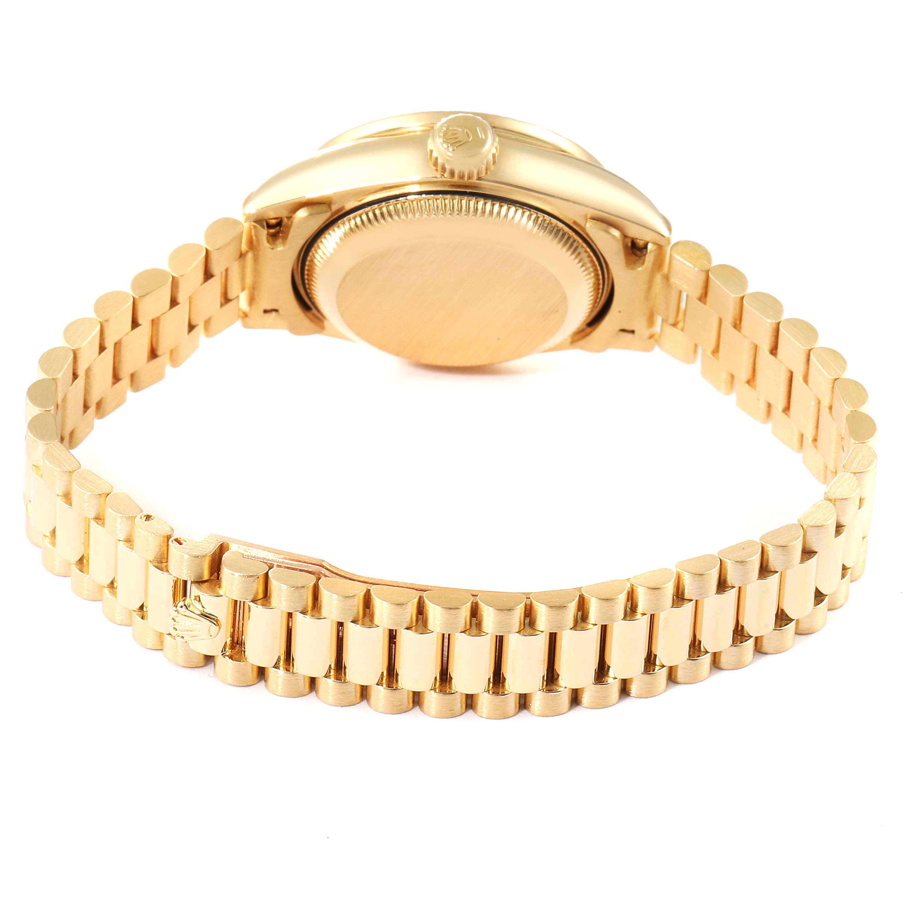 The image shows the back and bracelet of a Rolex President 69158 Women
s Yellow Gold Mother of Pearl Dial 69158 Women
s Yellow Gold Mother of Pearl Dial model watch.