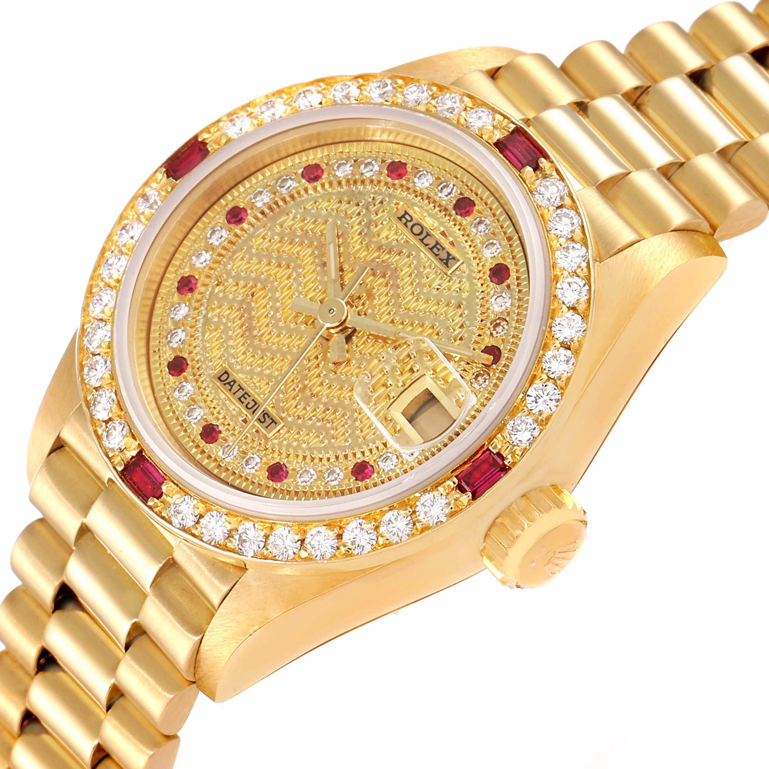 This image shows a Rolex President 69068 Women
s Yellow Gold Champagne Dial 69068 Women
s Yellow Gold Champagne Dial model watch at an angle, highlighting its gold case, diamond and ruby bezel, and bracelet.