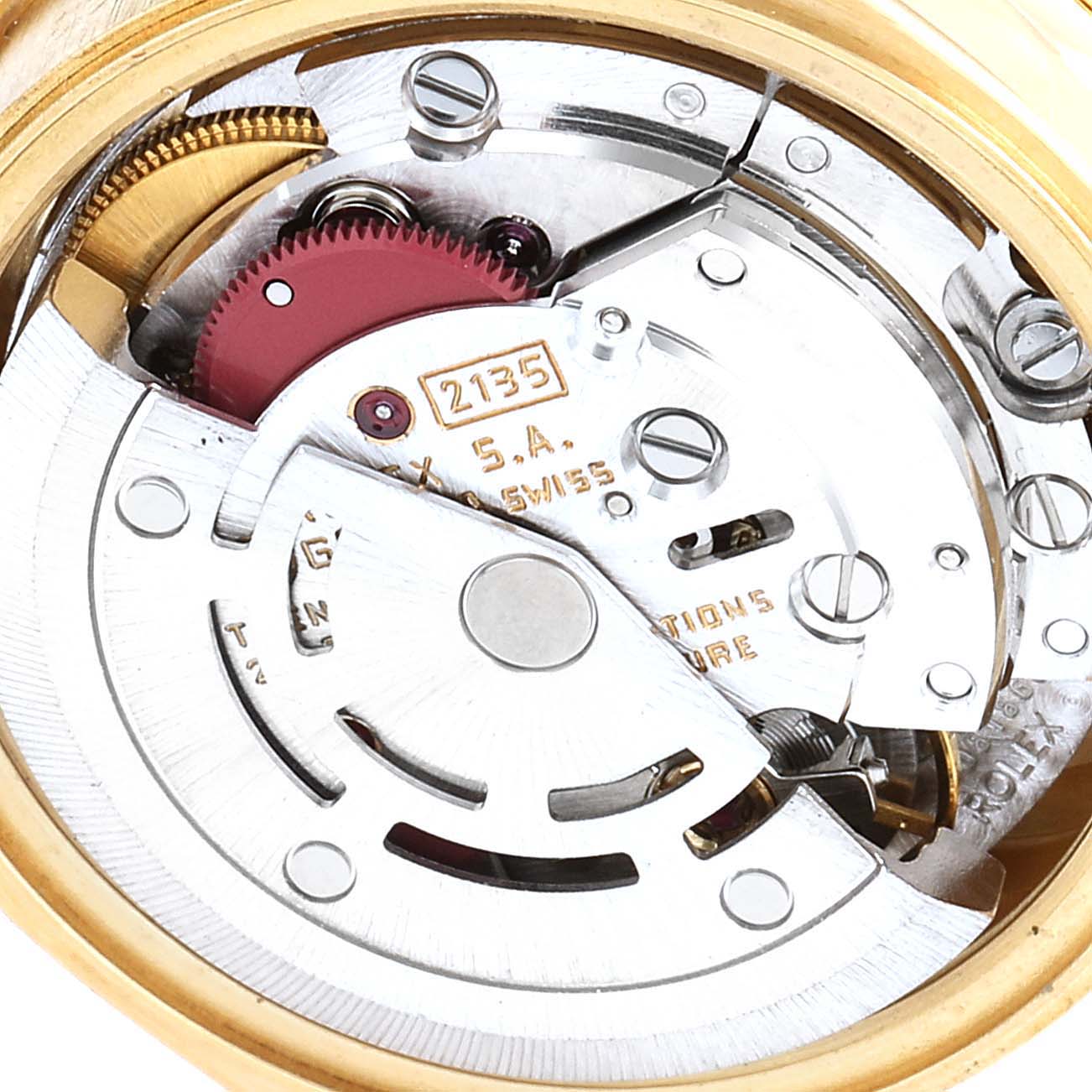 This image shows the internal mechanism of a Rolex President 69068 Women
s Yellow Gold Champagne Dial 69068 Women
s Yellow Gold Champagne Dial model watch from an overhead angle.