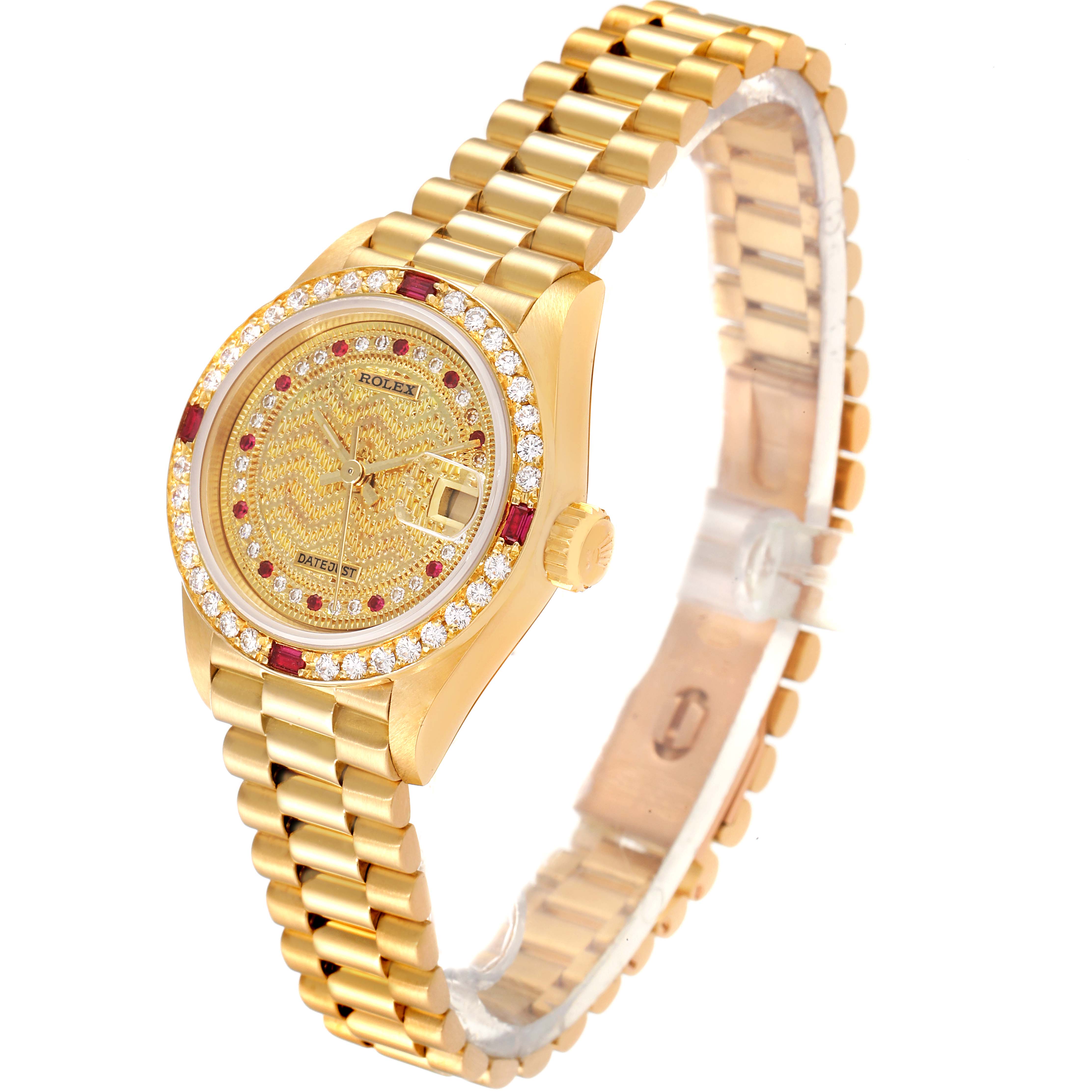 The image shows the dial, bezel, crown, and bracelet of a Rolex President 69068 Women
s Yellow Gold Champagne Dial 69068 Women
s Yellow Gold Champagne Dial model watch at a slight angle.
