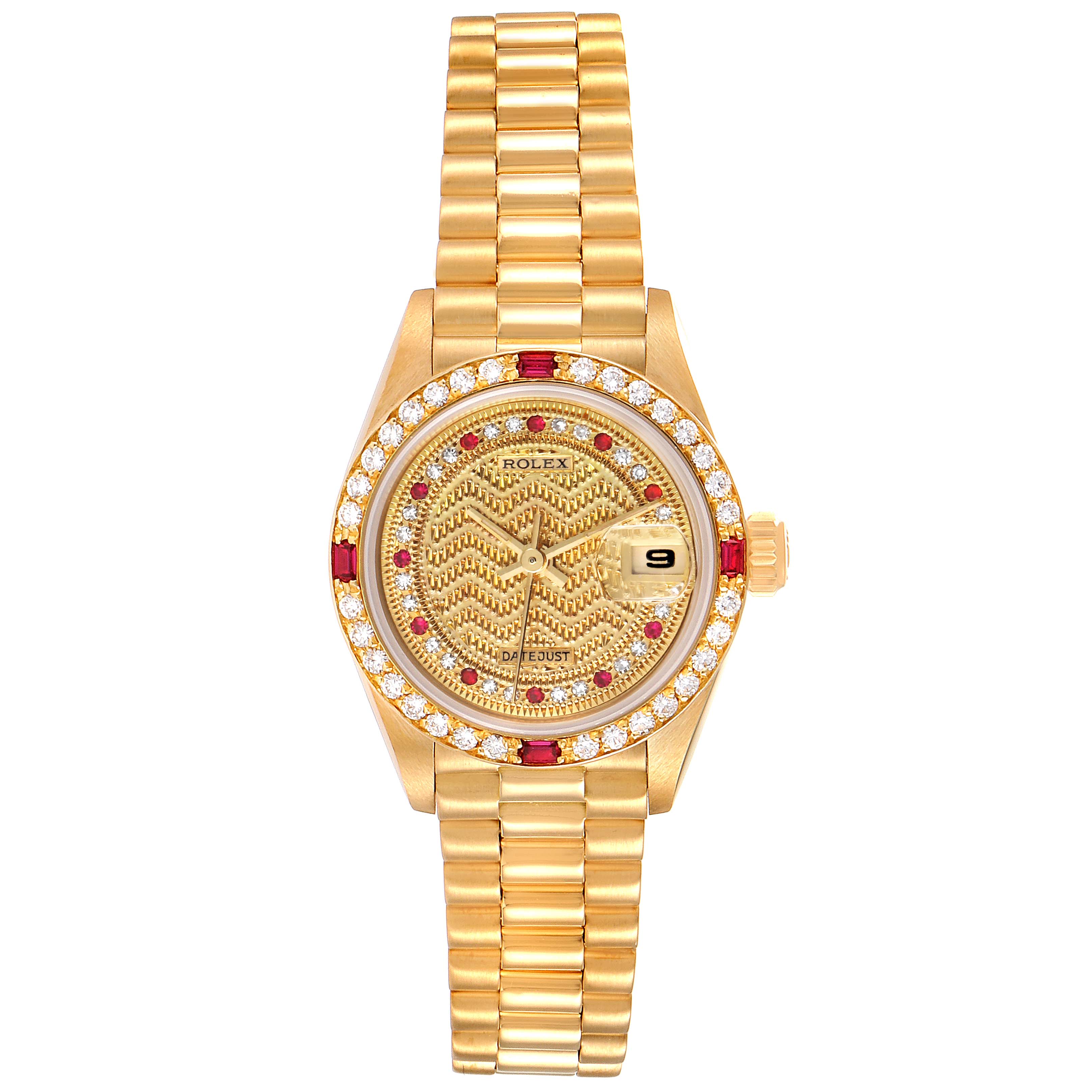 This image shows a front view of the Rolex President 69068 Women
s Yellow Gold Champagne Dial 69068 Women
s Yellow Gold Champagne Dial model watch, displaying its dial, bezel, and bracelet.