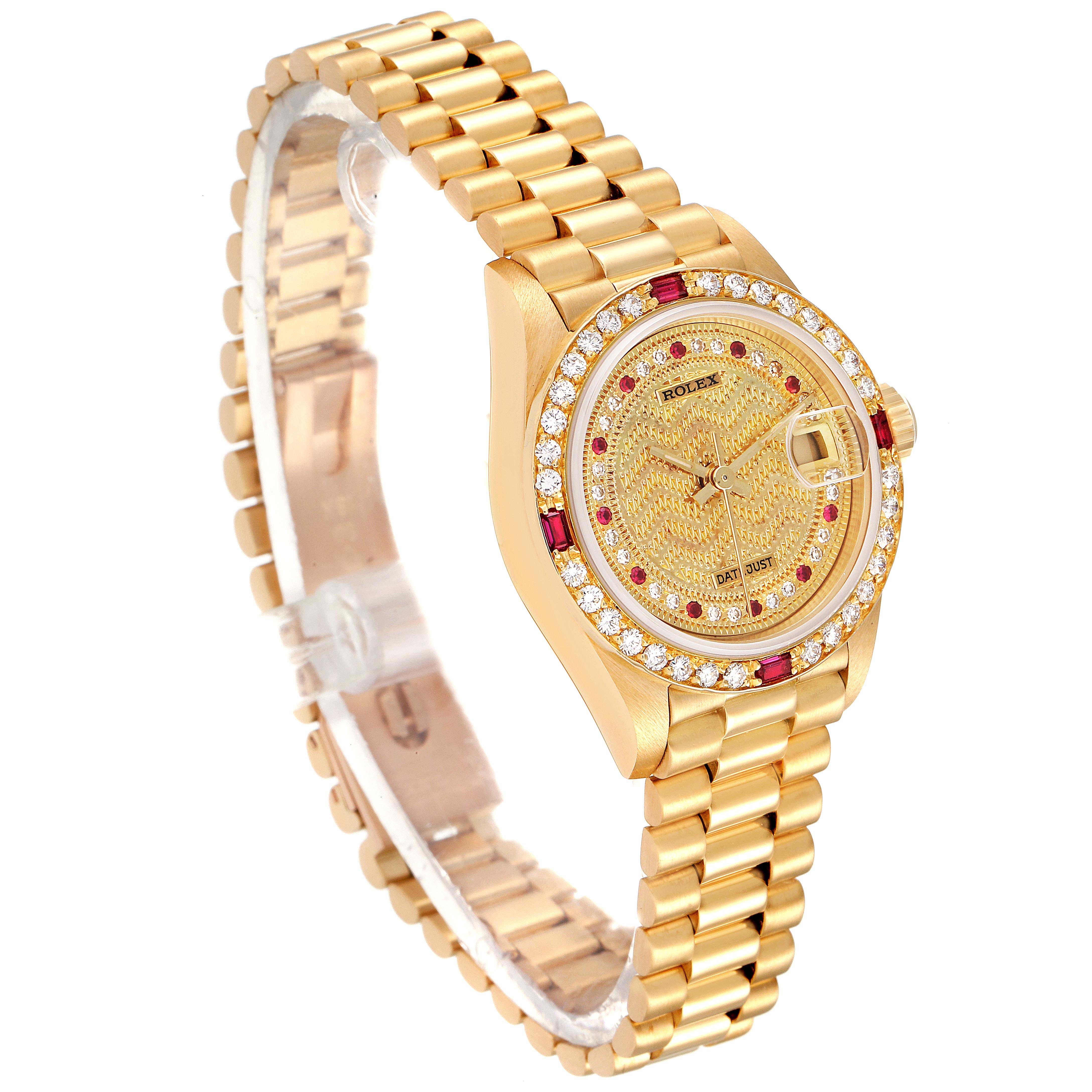 The image shows a Rolex President 69068 Women
s Yellow Gold Champagne Dial 69068 Women
s Yellow Gold Champagne Dial model watch at an angled view, highlighting the bracelet, case, and diamond-encrusted bezel.