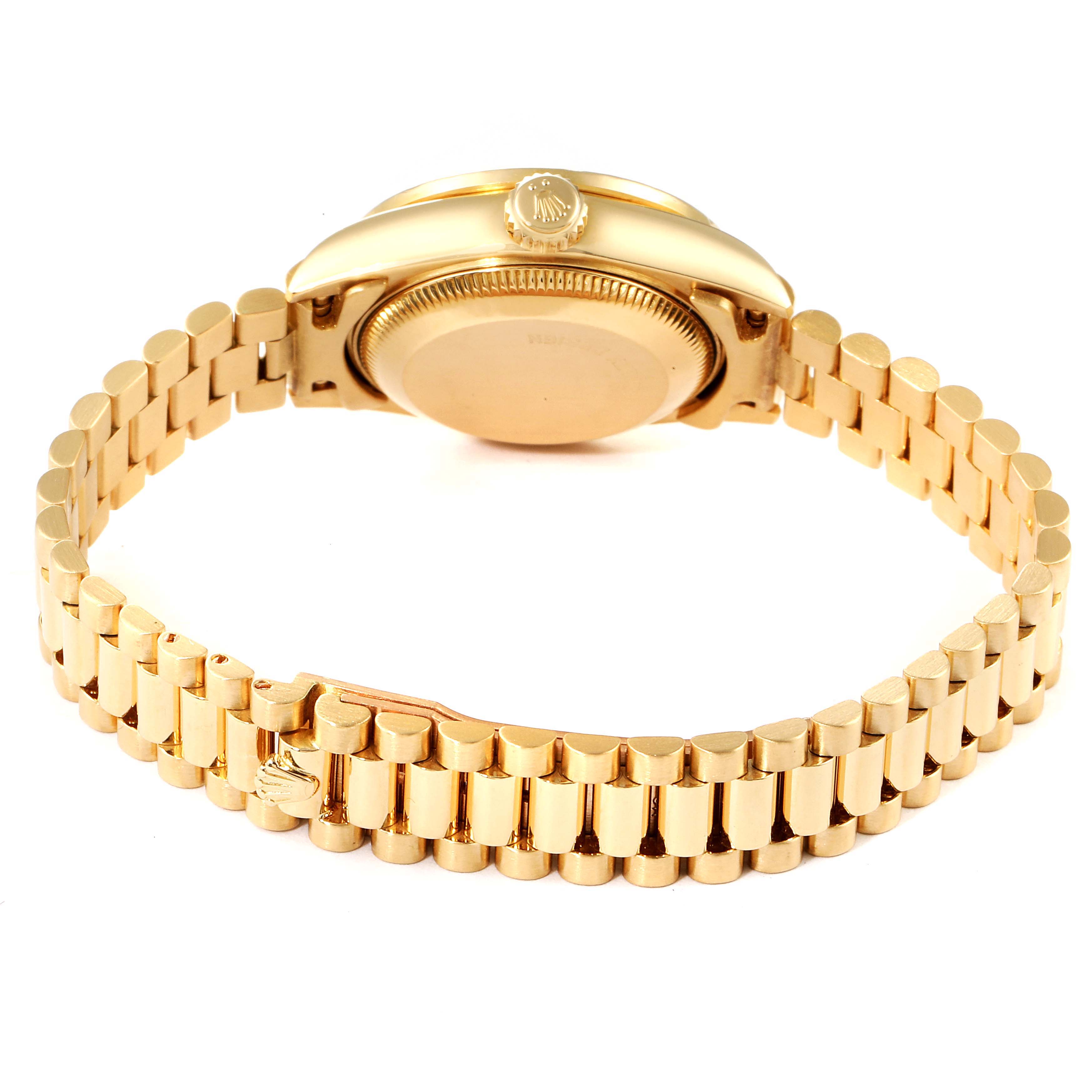 The image shows the back and side view of a Rolex President 69068 Women
s Yellow Gold Champagne Dial 69068 Women
s Yellow Gold Champagne Dial model watch, highlighting its golden bracelet and case.