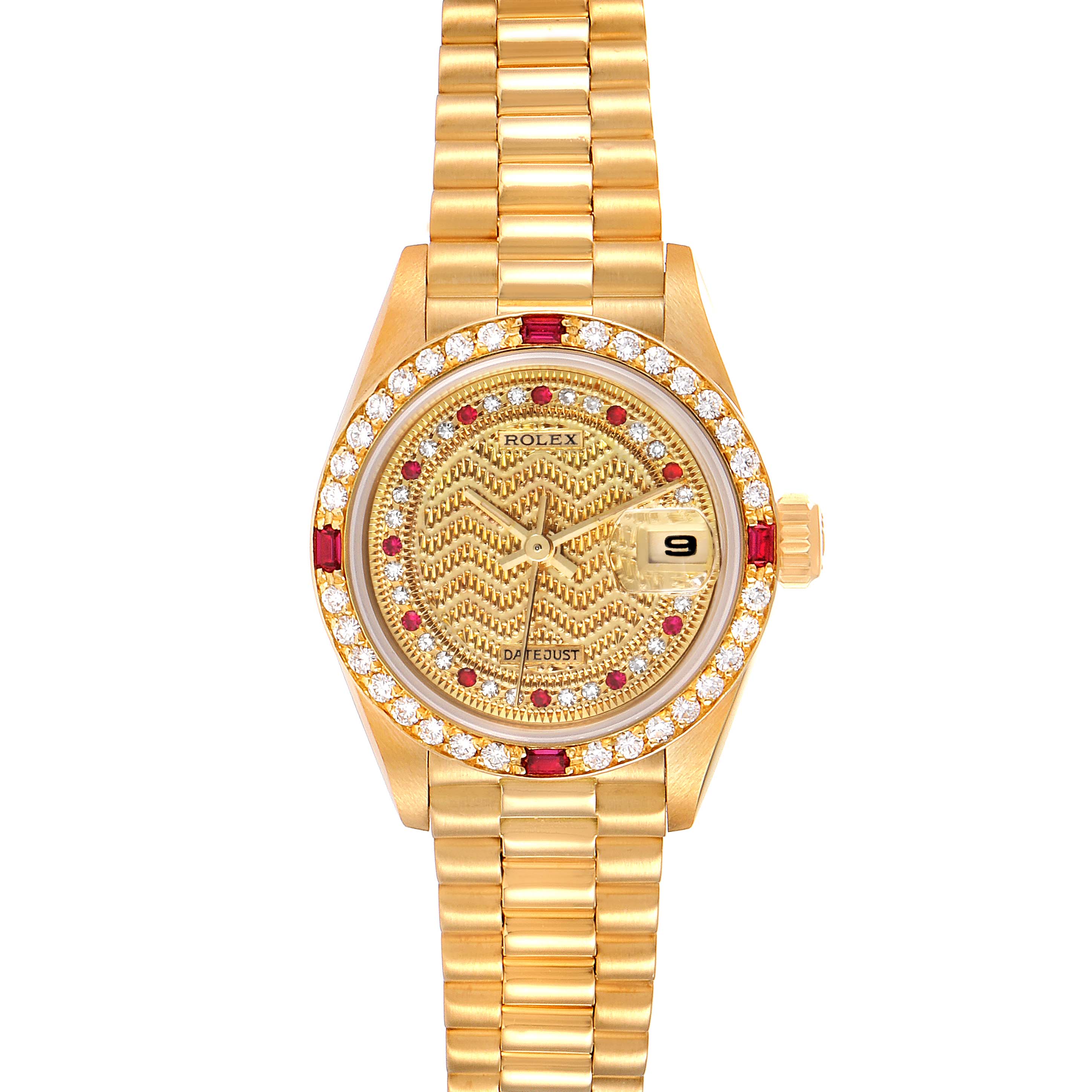 This is a frontal view of a gold Rolex President 69068 Women
s Yellow Gold Champagne Dial 69068 Women
s Yellow Gold Champagne Dial model watch, showcasing its dial, bezel, and bracelet.