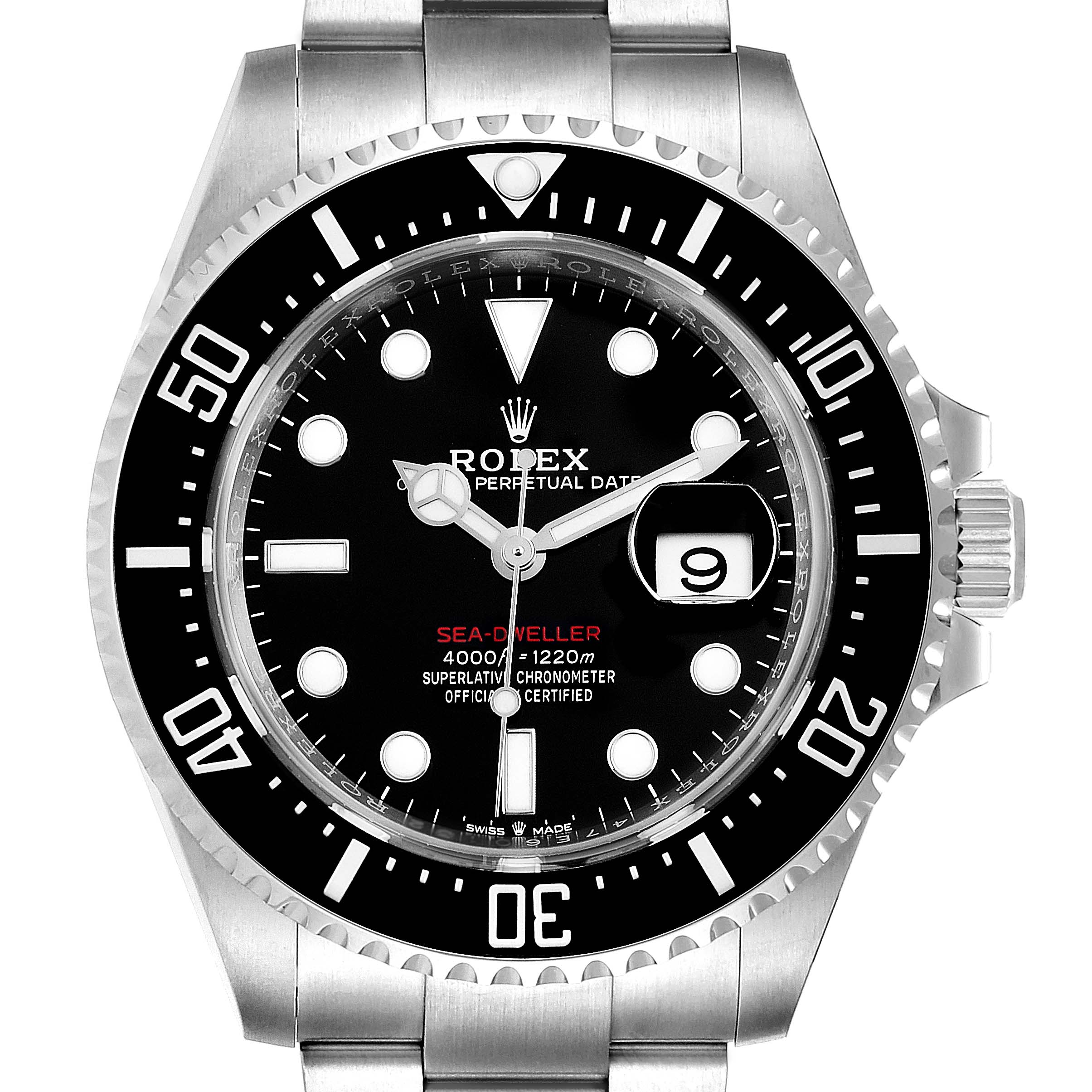 This image shows a front view of the Rolex Sea-Dweller 126600 Men
s Stainless Steel Black Dial 126600 Men
s Stainless Steel Black Dial watch, highlighting the dial, bezel, and bracelet.