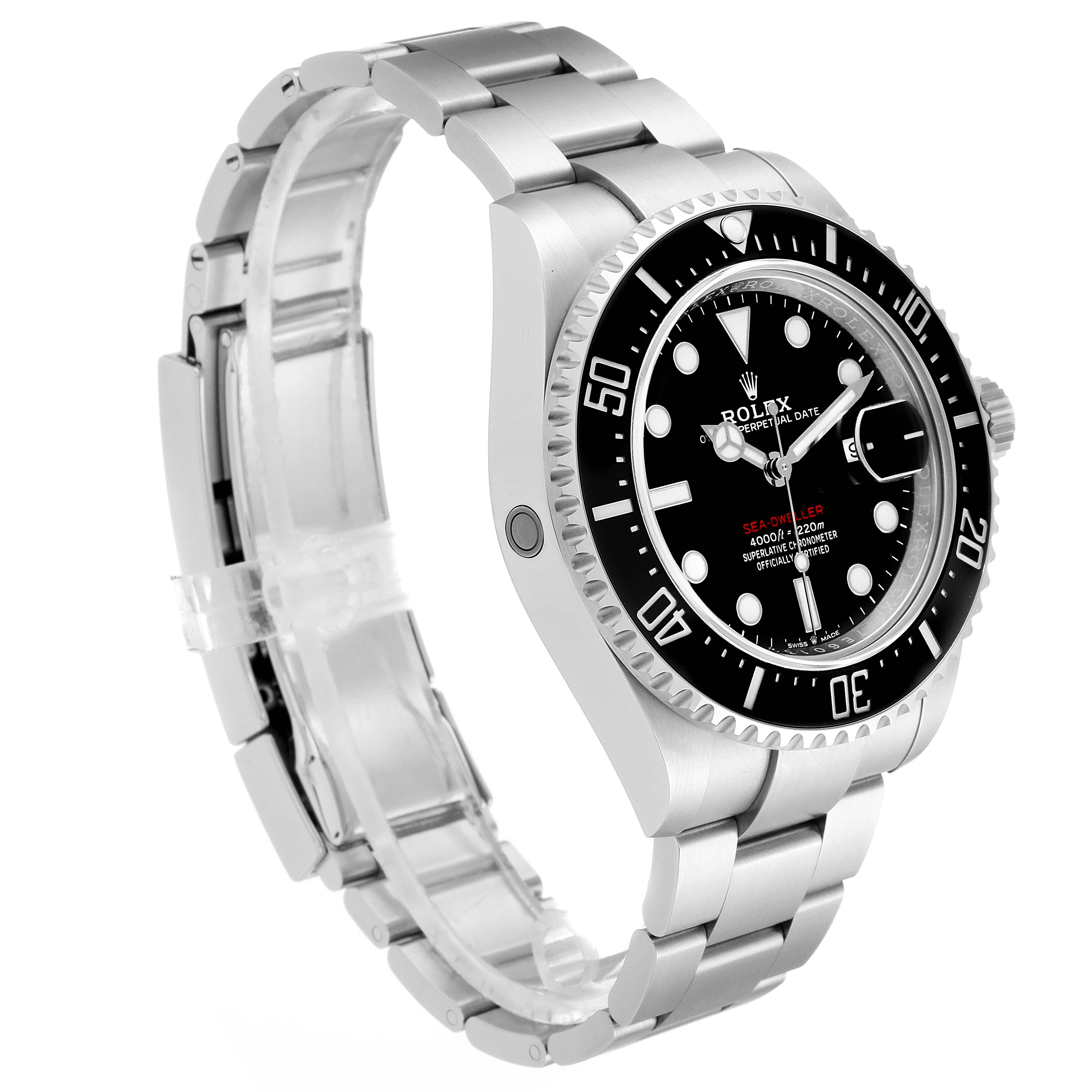 The image shows a Rolex Sea-Dweller 126600 Men
s Stainless Steel Black Dial 126600 Men
s Stainless Steel Black Dial watch angled to display its side view and part of the bracelet.