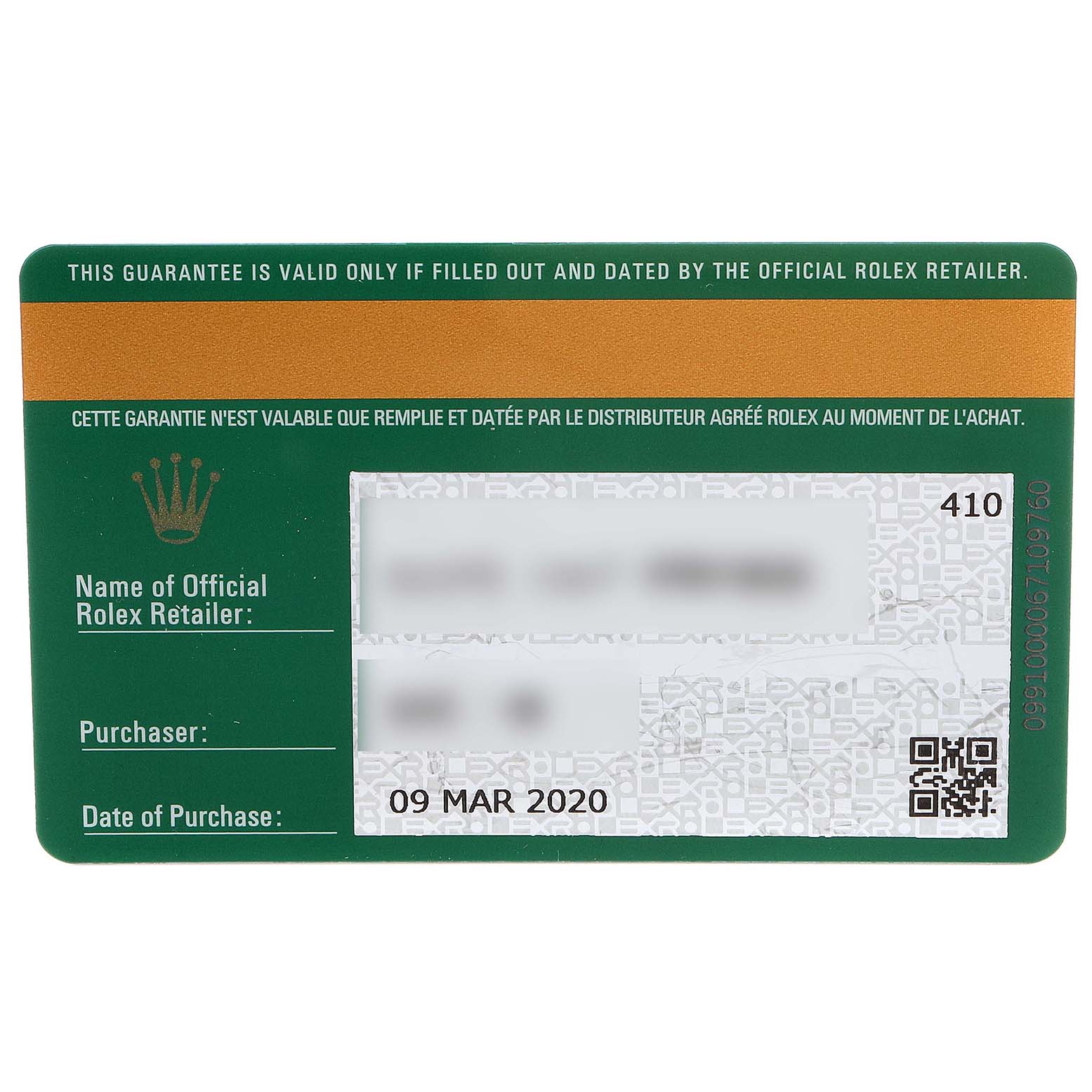 This image shows a guarantee card for a Rolex Sea-Dweller 126600 Men
s Stainless Steel Black Dial 126600 Men
s Stainless Steel Black Dial watch, with details including the purchase date and retailer.