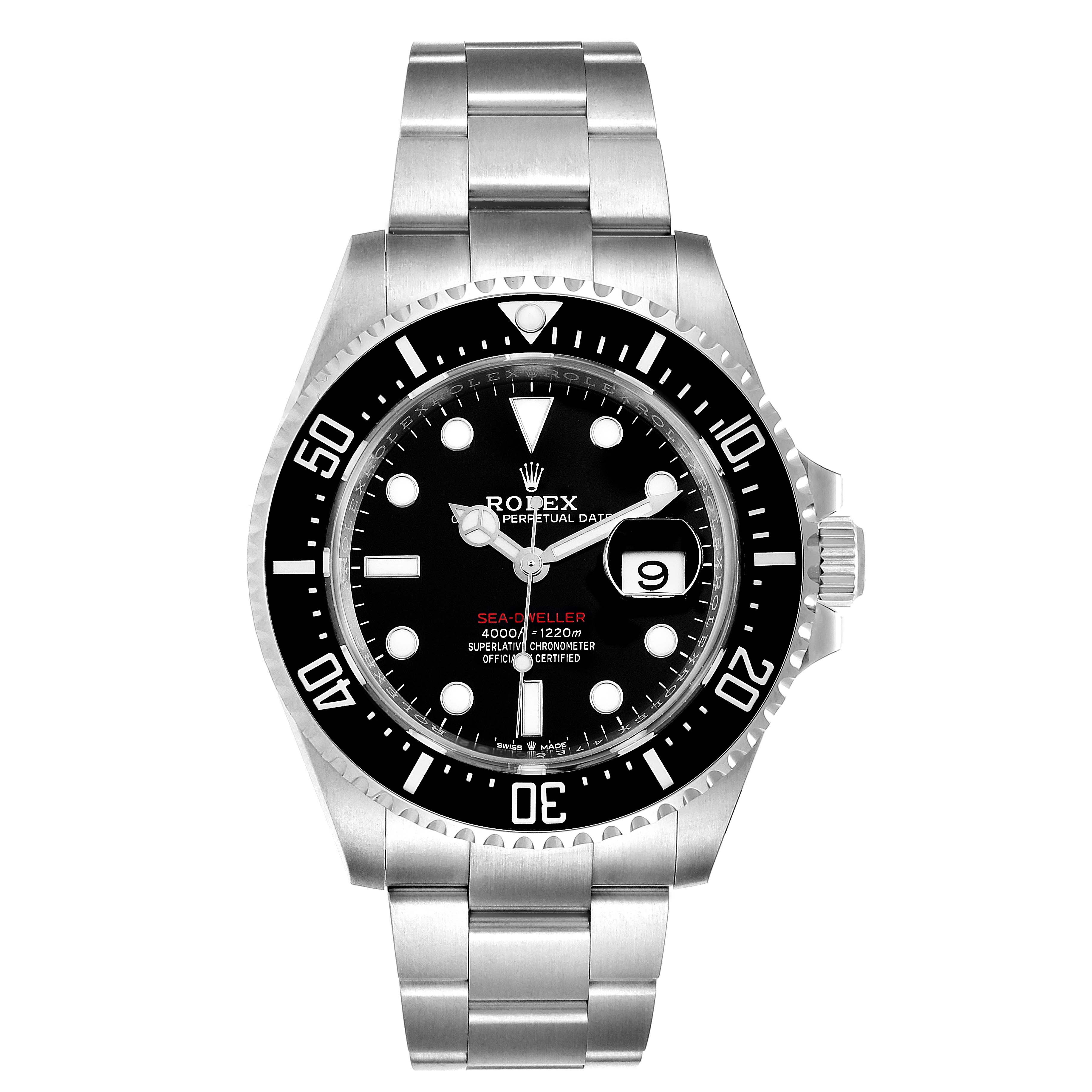 This image shows a front view of the Rolex Sea-Dweller 126600 Men
s Stainless Steel Black Dial 126600 Men
s Stainless Steel Black Dial watch, highlighting the bracelet, bezel, dial, and date feature.
