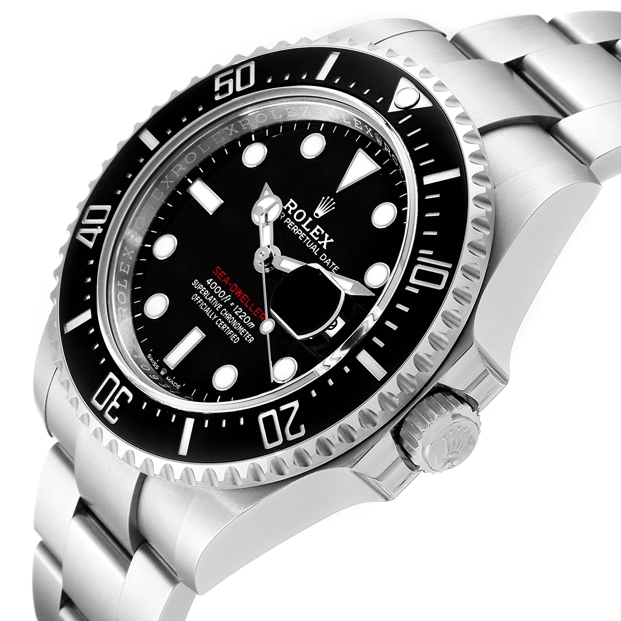 This image shows a Rolex Sea-Dweller 126600 Men
s Stainless Steel Black Dial 126600 Men
s Stainless Steel Black Dial watch from an angled top view, highlighting the watch face, bezel, and part of the bracelet.