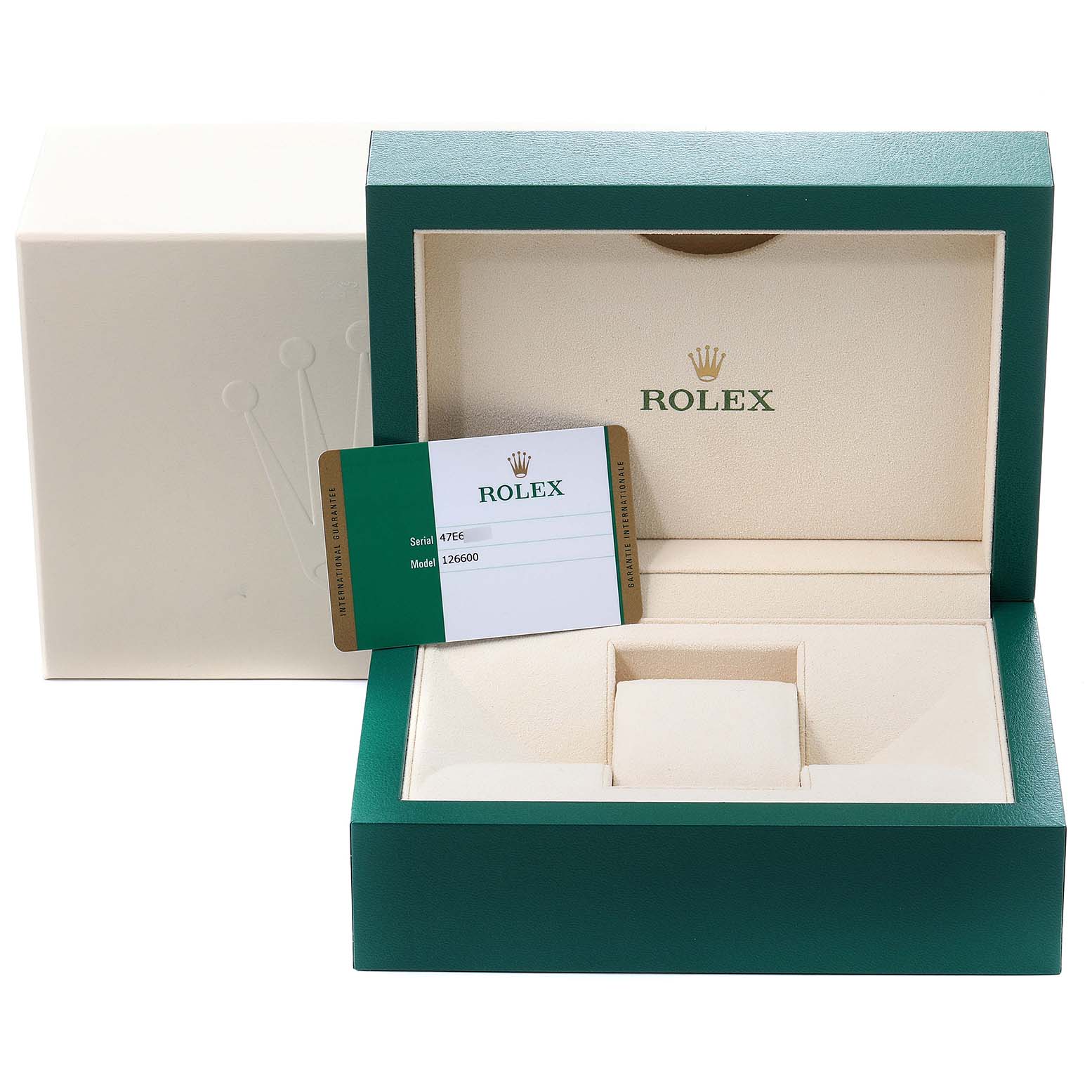 The image shows the packaging box and warranty card for the Rolex Sea-Dweller 126600 Men
s Stainless Steel Black Dial 126600 Men
s Stainless Steel Black Dial watch model.