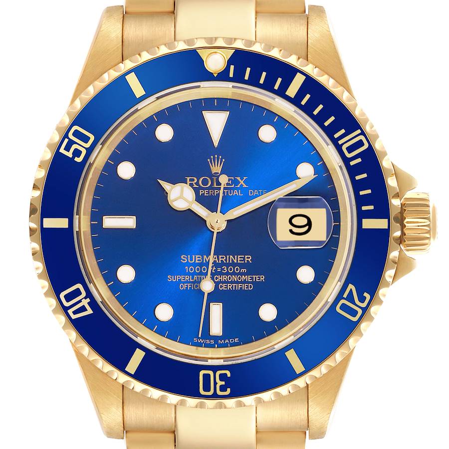 The image shows a front view of a Rolex Submariner watch, highlighting the blue dial, bezel, and date window.