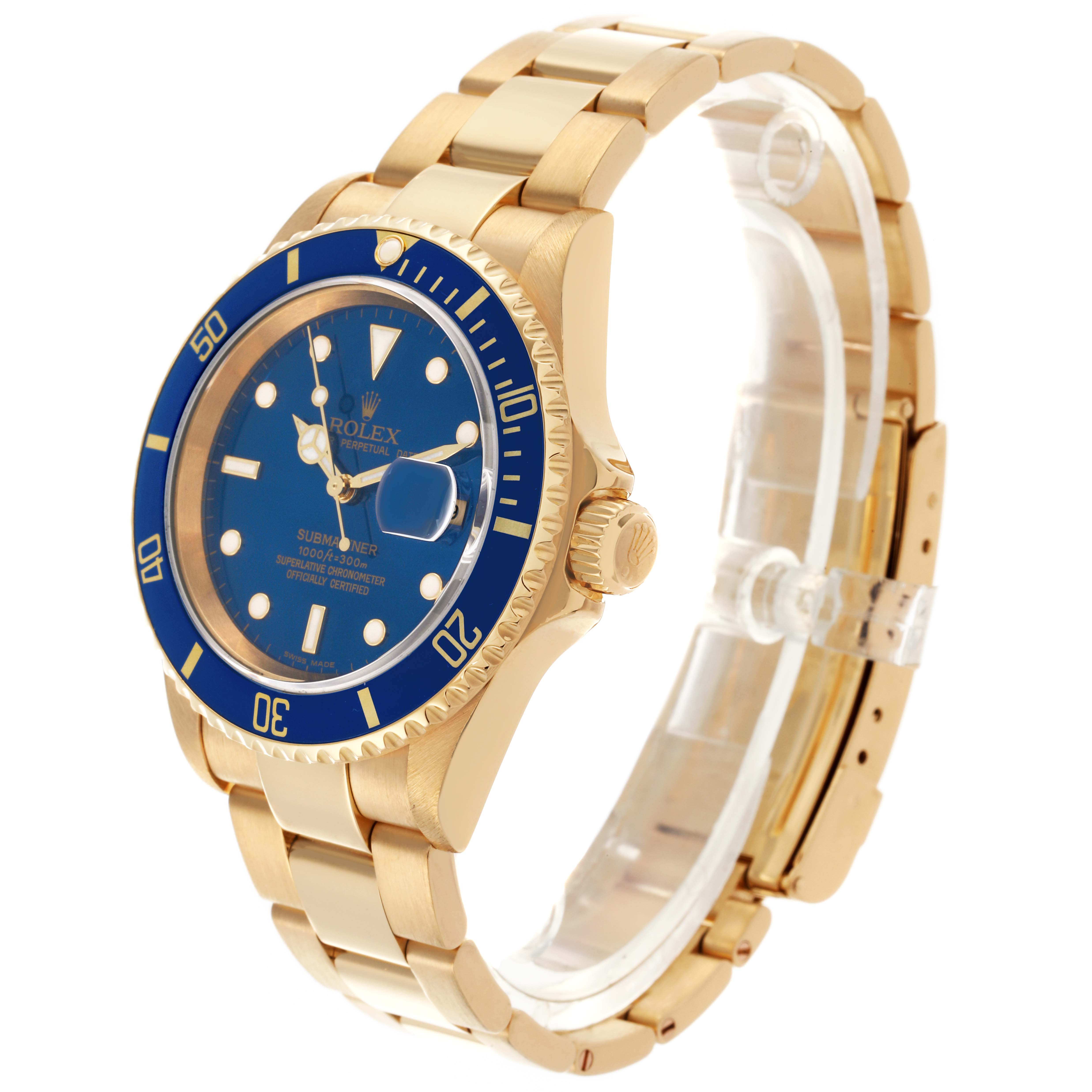 The Rolex Submariner 16618 Men's Yellow Gold Blue Dial 16618 Men's Yellow Gold Blue Dial is shown at a slight angle, displaying the blue dial, bezel, case, and gold bracelet.