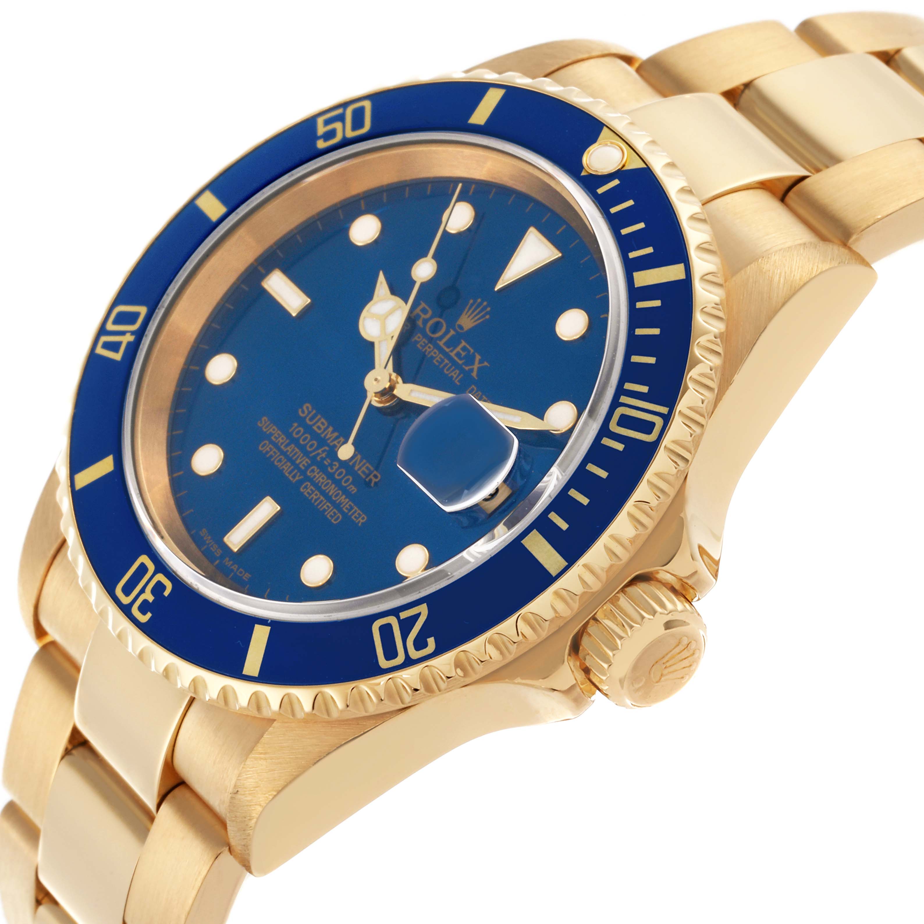 The Rolex Submariner 16618 Men's Yellow Gold Blue Dial 16618 Men's Yellow Gold Blue Dial watch is shown at a side angle, displaying the bezel, dial, crown, and part of the bracelet.