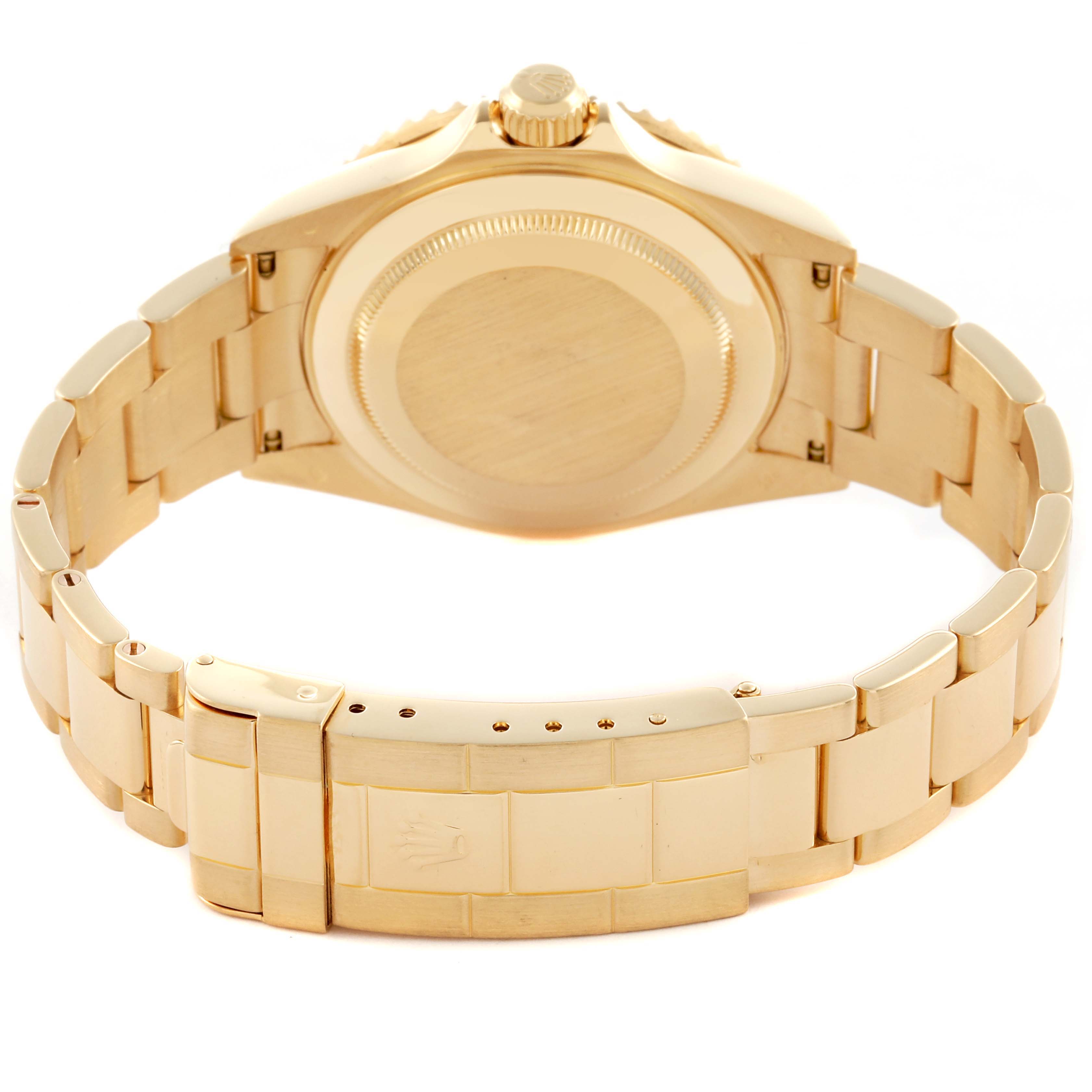 The image shows the back view and bracelet of a Rolex Submariner 16618 Men's Yellow Gold Blue Dial 16618 Men's Yellow Gold Blue Dial, highlighting the clasp and case back.