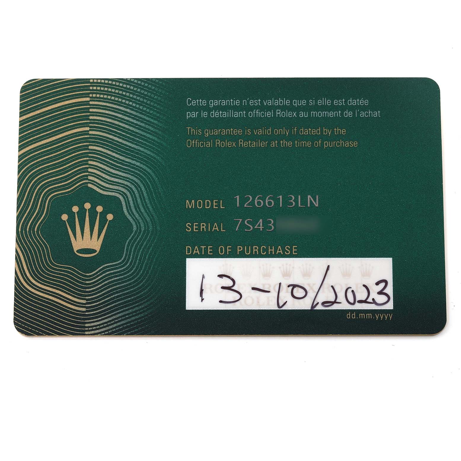 This is the warranty card for the Rolex Submariner 126613 Men's Steel and Gold (two tone) Black Dial 126613 Men's Steel and Gold (two tone) Black Dial model 126613LN, showing the model, serial number, and purchase date.