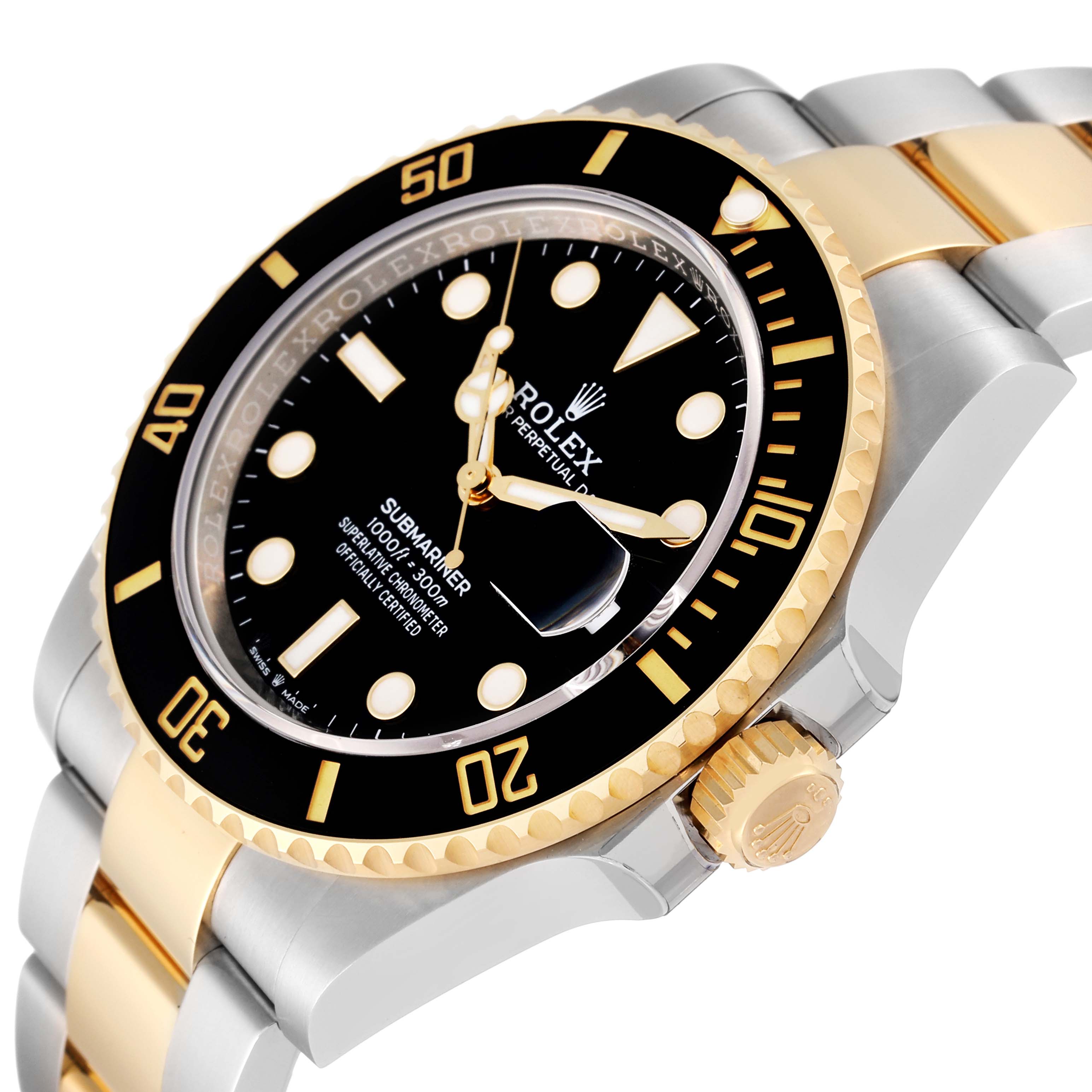 The image shows a close-up angled view of the Rolex Submariner 126613 Men's Steel and Gold (two tone) Black Dial 126613 Men's Steel and Gold (two tone) Black Dial watch, highlighting its bezel, dial, crown, and part of the bracelet.