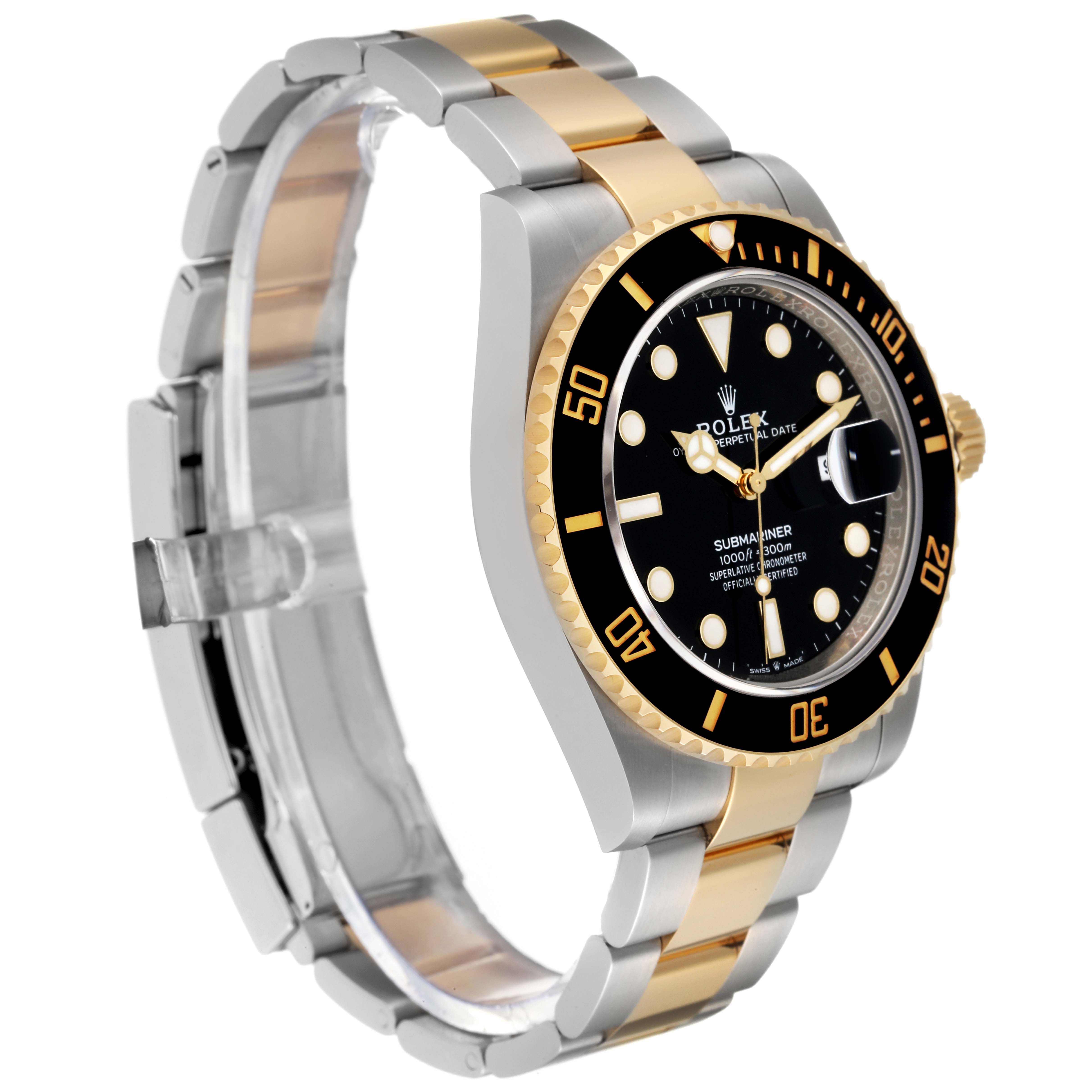 The image shows a side angle of a Rolex Submariner 126613 Men's Steel and Gold (two tone) Black Dial 126613 Men's Steel and Gold (two tone) Black Dial watch, highlighting the bezel, dial, crown, and bracelet.
