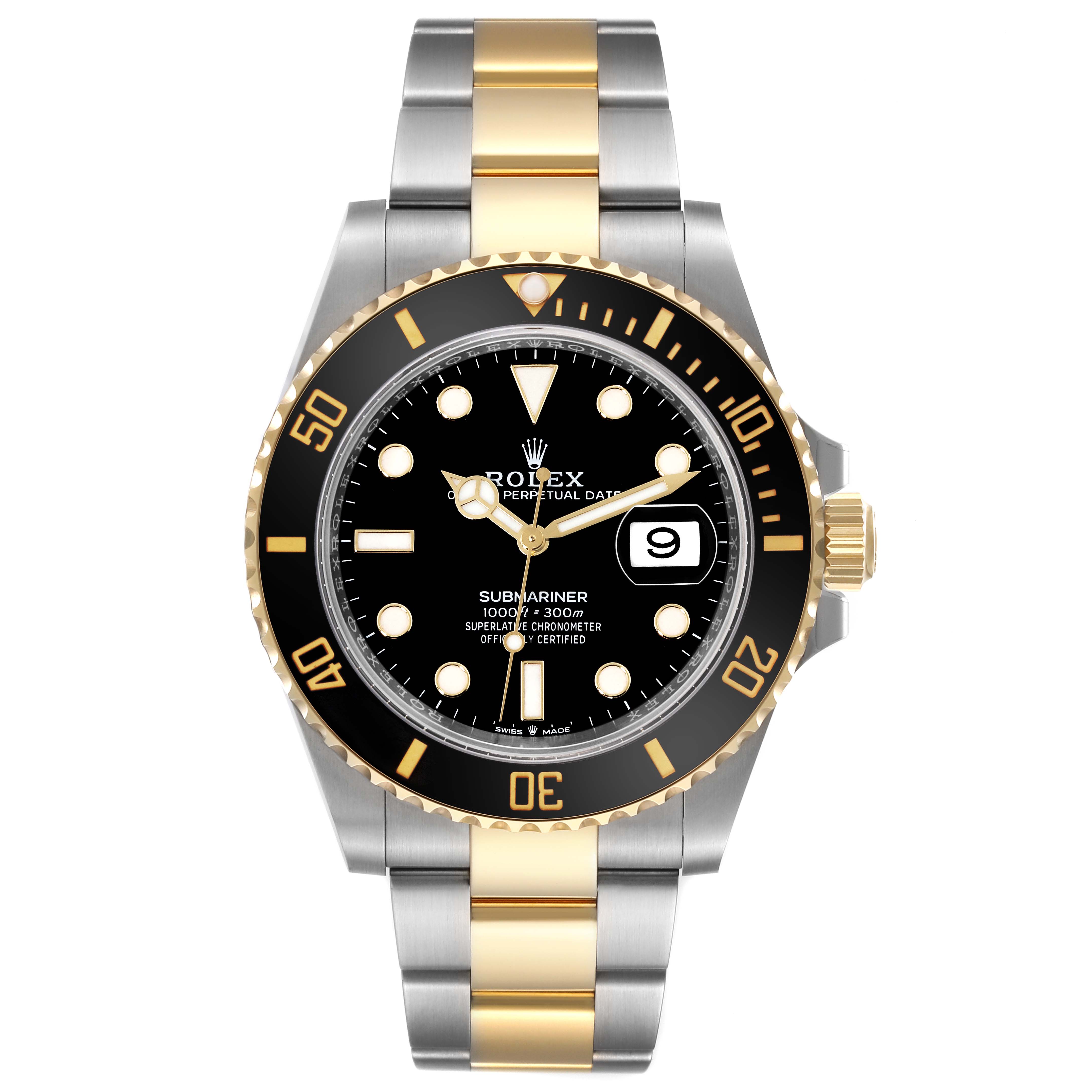 The image shows a front view of the Rolex Submariner 126613 Men's Steel and Gold (two tone) Black Dial 126613 Men's Steel and Gold (two tone) Black Dial watch, displaying its dial, bezel, and bracelet.
