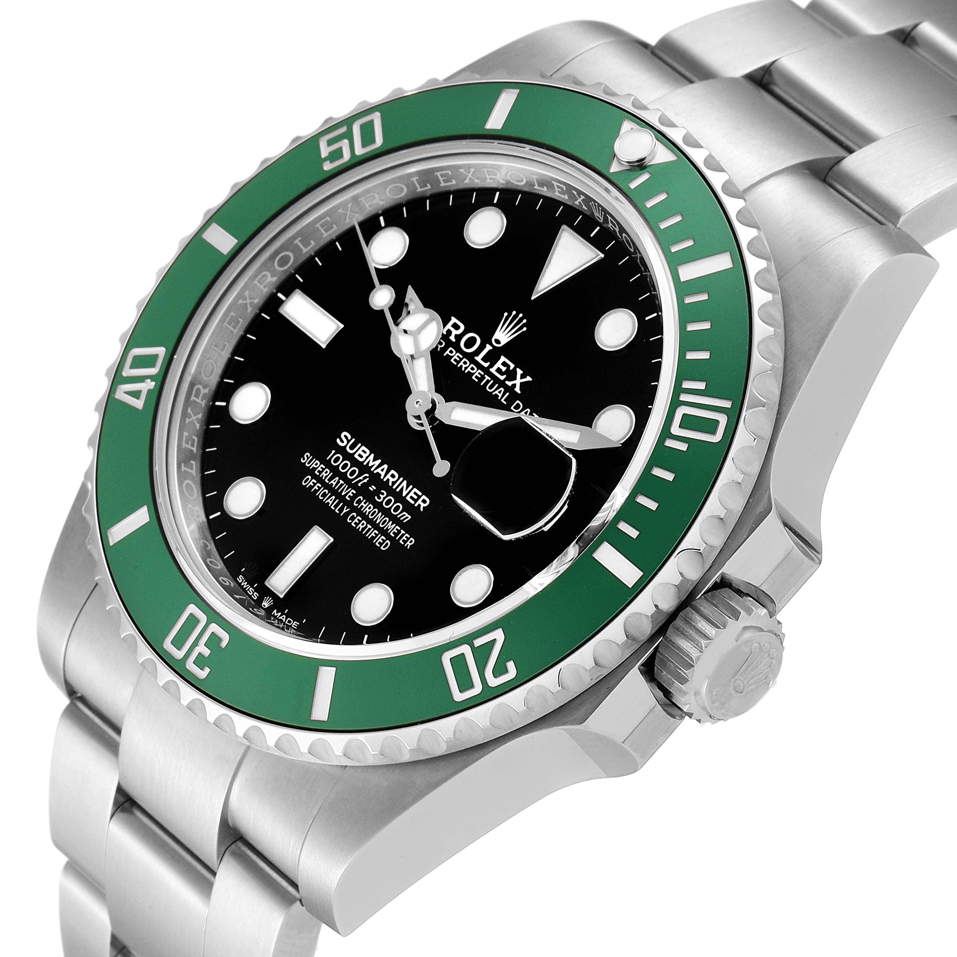 The image shows a close-up angle of the Rolex Submariner 126610LV Men's Stainless Steel Black Dial 126610LV Men's Stainless Steel Black Dial watch, highlighting the green bezel, black dial, and bracelet.