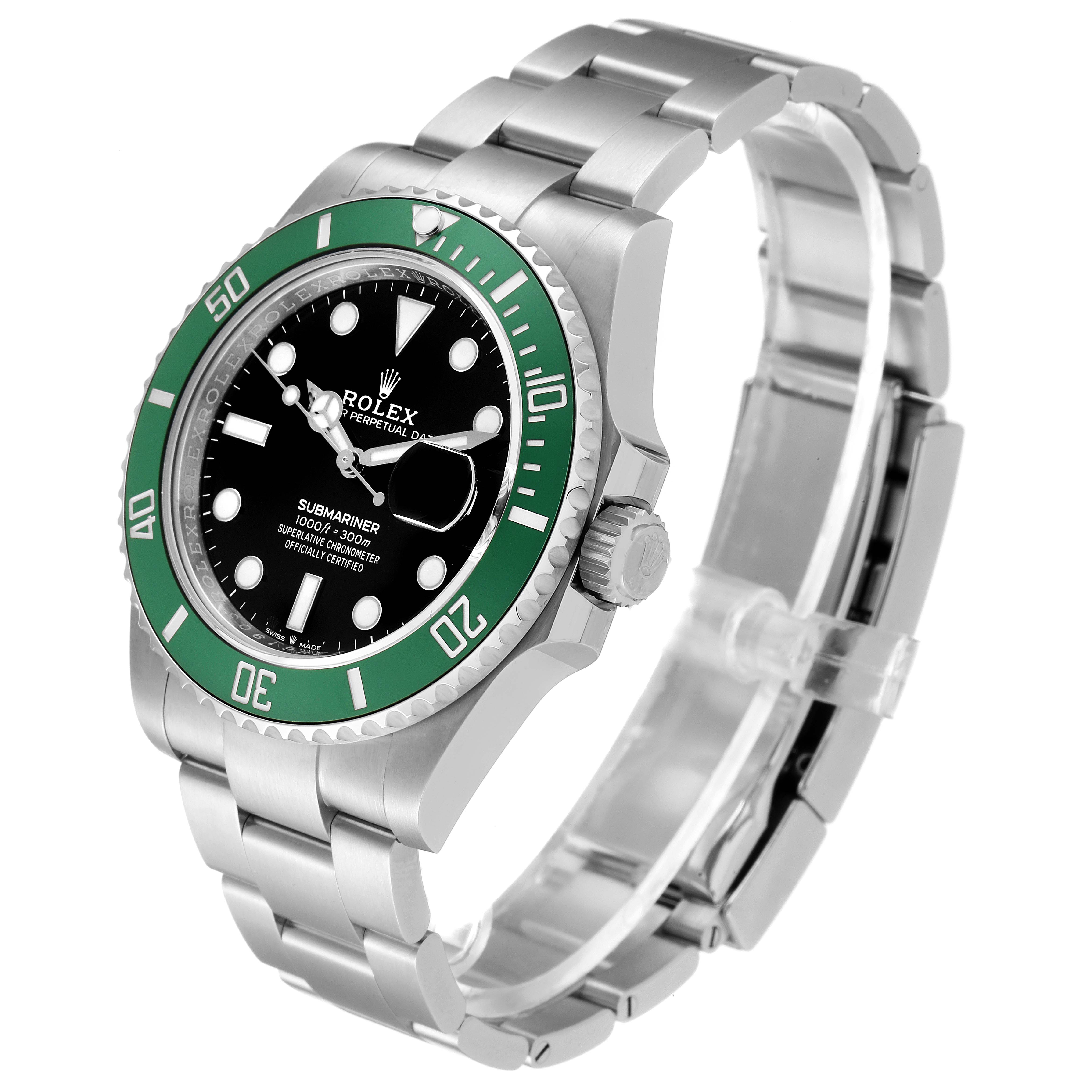 The Rolex Submariner 126610LV Men's Stainless Steel Black Dial 126610LV Men's Stainless Steel Black Dial watch is shown at a side angle highlighting the green bezel, black dial, crown, and stainless steel bracelet.