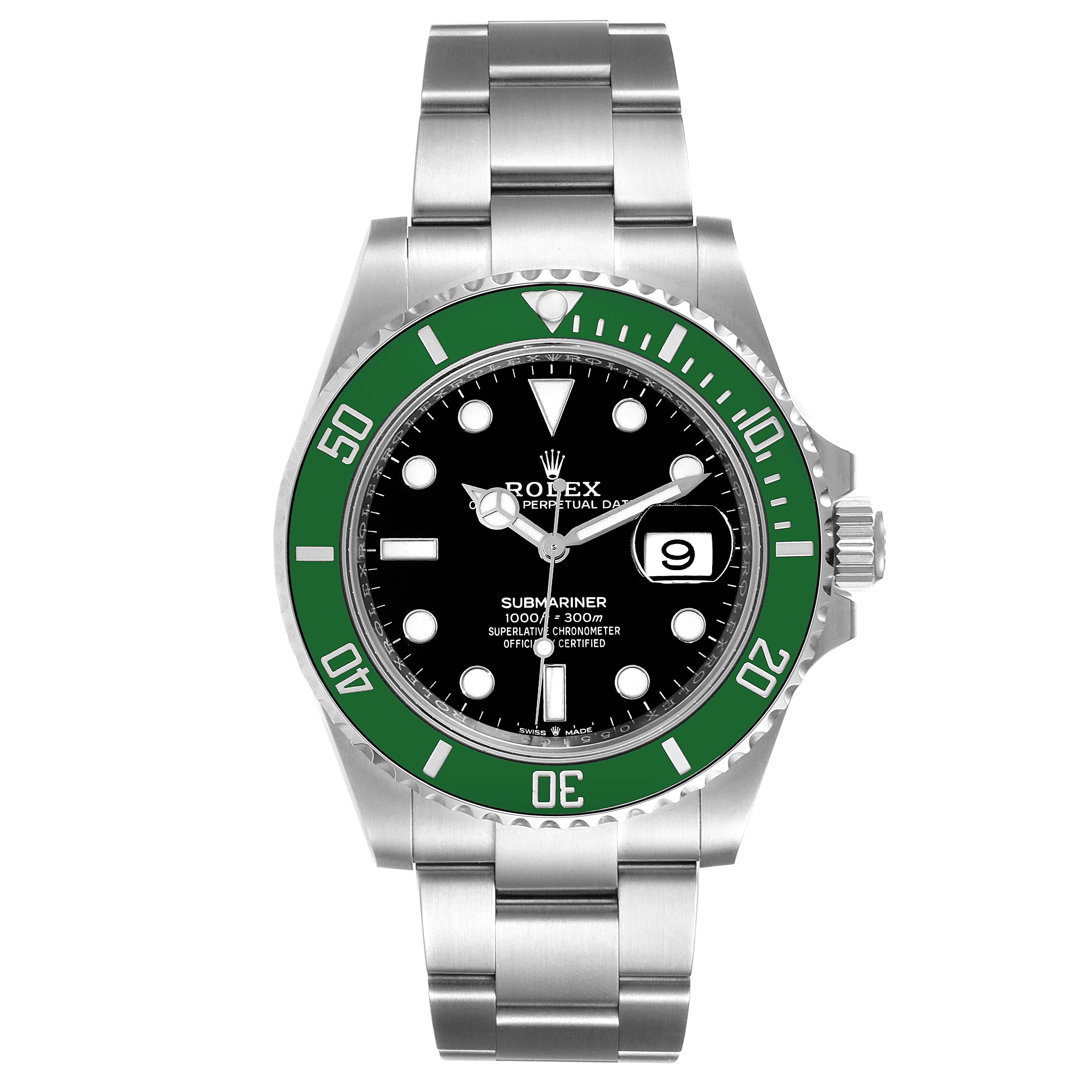 The image shows a front view of the Rolex Submariner 126610LV Men's Stainless Steel Black Dial 126610LV Men's Stainless Steel Black Dial watch, highlighting its green bezel, black dial, and stainless steel bracelet.