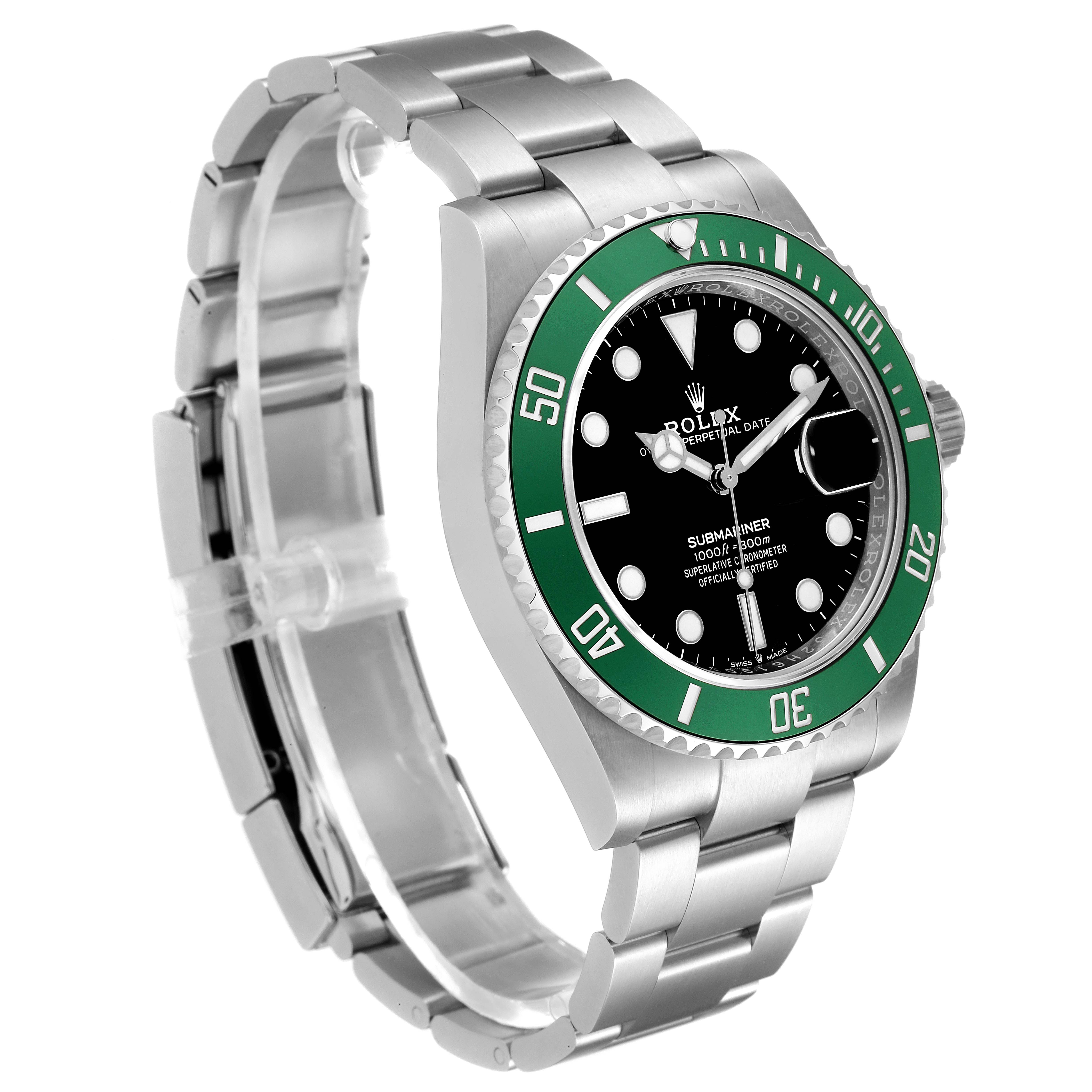 This image shows a Rolex Submariner 126610LV Men's Stainless Steel Black Dial 126610LV Men's Stainless Steel Black Dial watch at a 45-degree angle, highlighting the dial, bezel, bracelet, and crown guard.