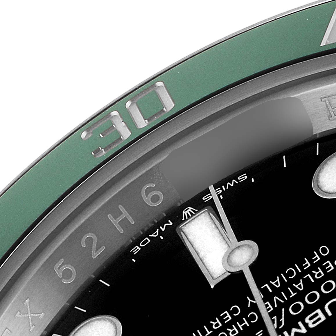 The image shows a close-up of the bezel and partial dial of a Rolex Submariner 126610LV Men's Stainless Steel Black Dial 126610LV Men's Stainless Steel Black Dial watch, highlighting the 30 mark on the bezel.