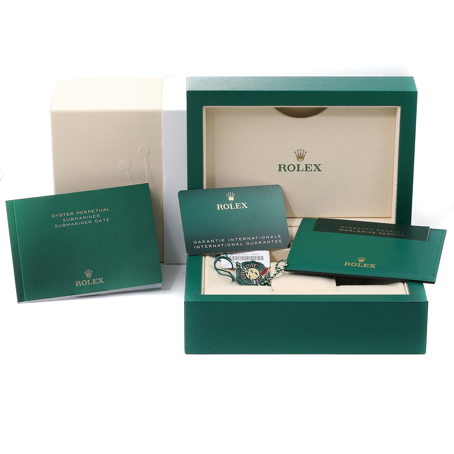 This image shows the packaging and accessories for a Rolex Submariner 126610LV Men's Stainless Steel Black Dial 126610LV Men's Stainless Steel Black Dial, including a box, manuals, guarantee card, and tags.