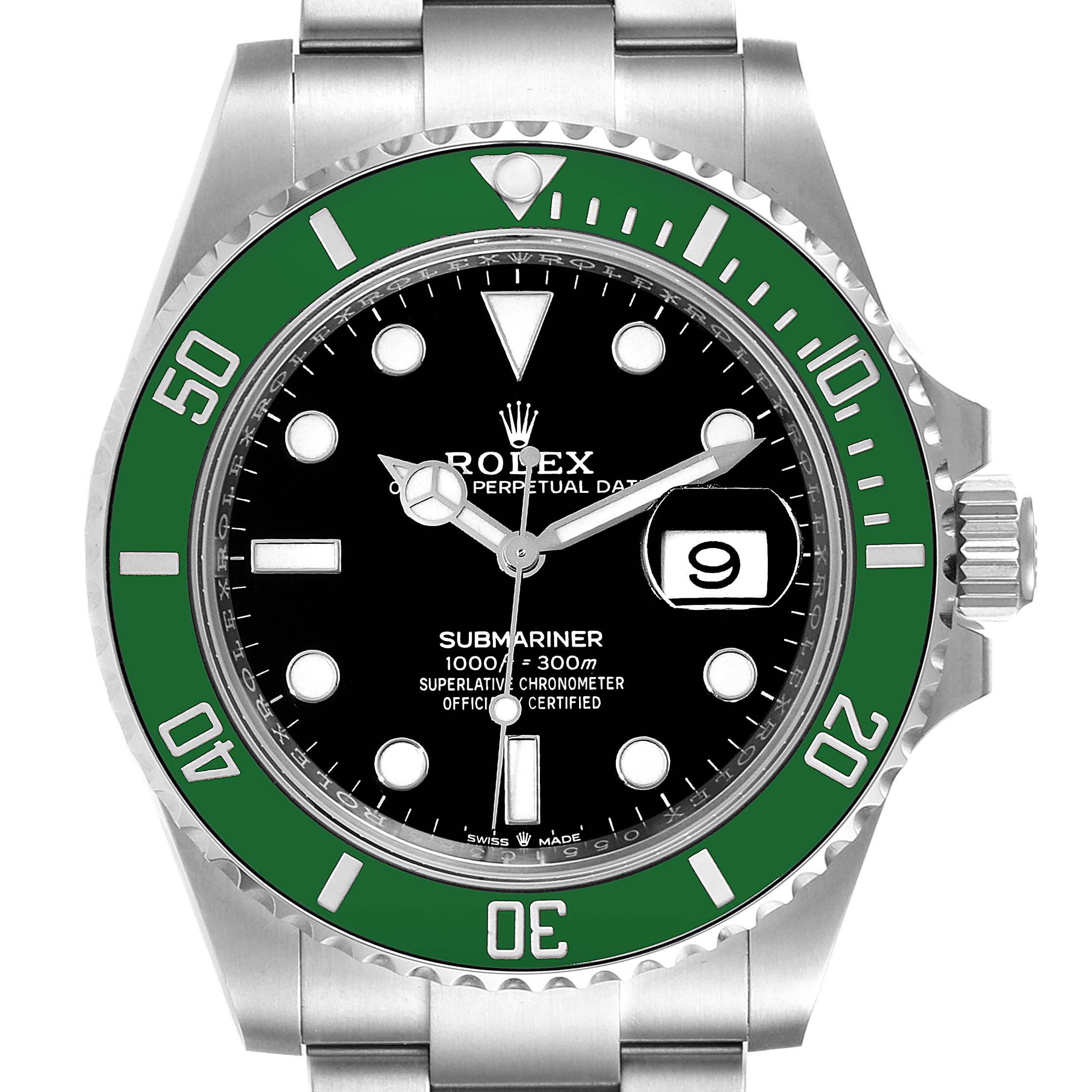 This is a front view of the Rolex Submariner 126610LV Men's Stainless Steel Black Dial 126610LV Men's Stainless Steel Black Dial, showing the face, bezel, crown, and part of the bracelet.