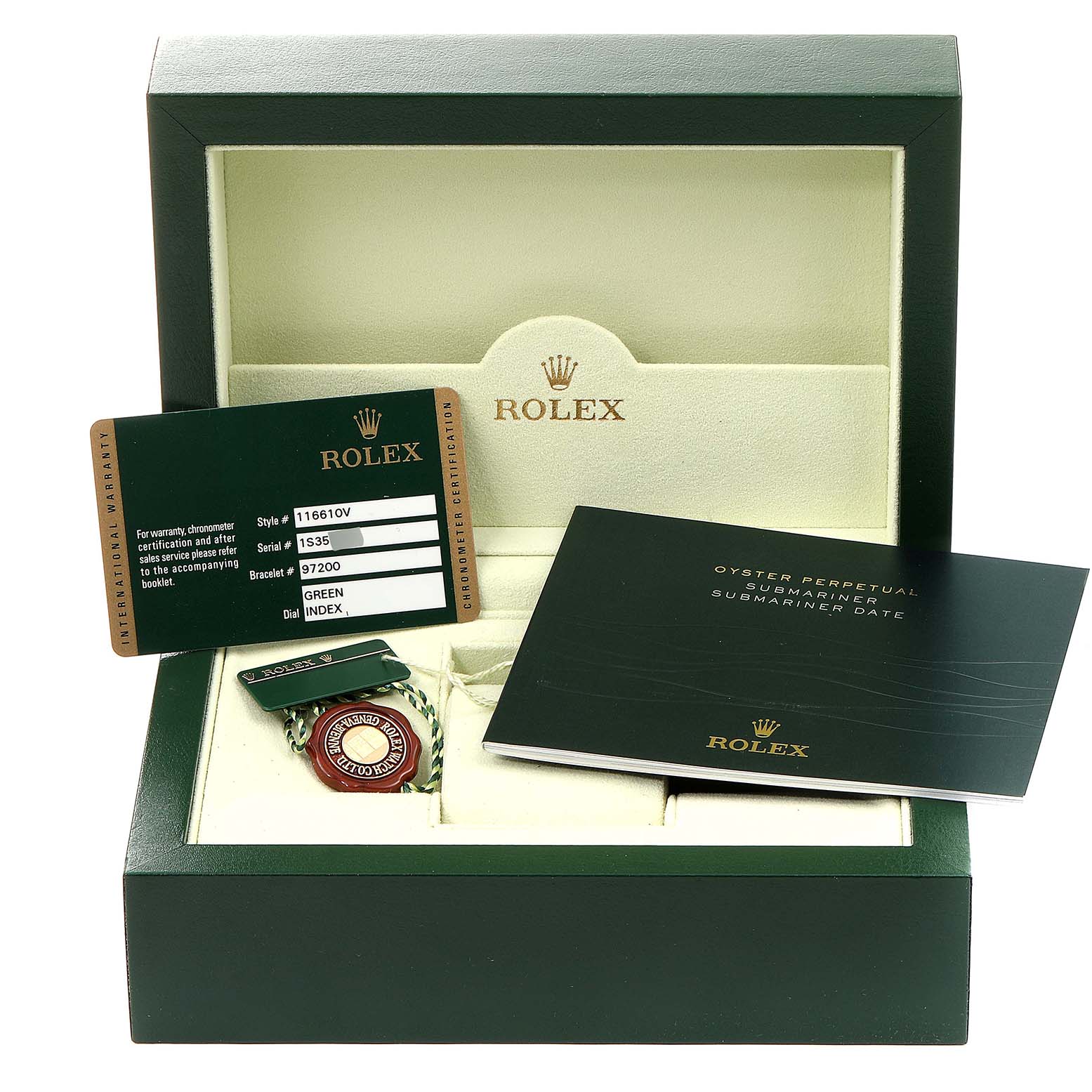 The image shows a Rolex Submariner 116610LV Men's Stainless Steel Green Dial 116610LV Men's Stainless Steel Green Dial watch box, warranty cards, certification tag, and operating manual placed inside.
