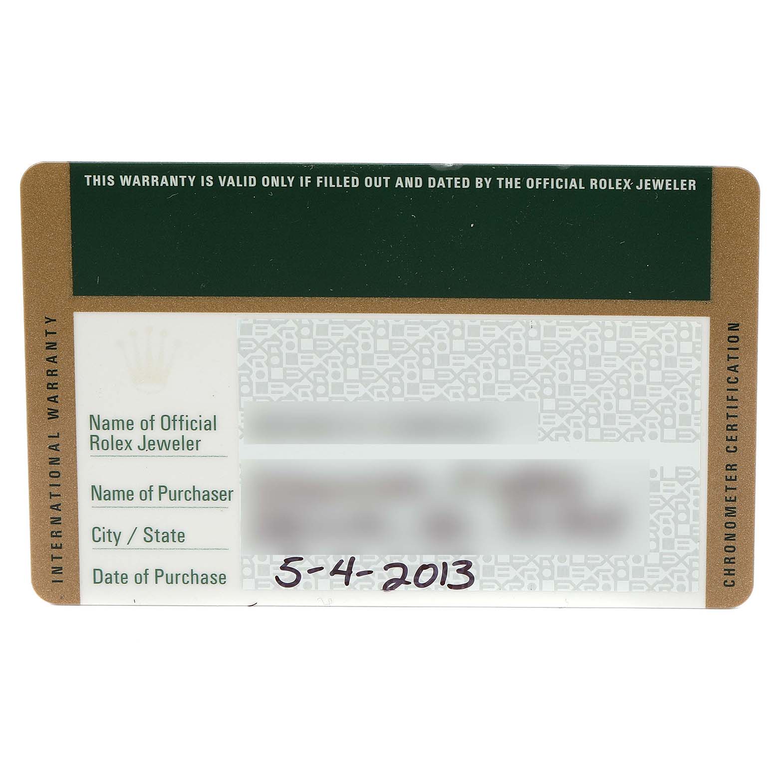 The image shows an international warranty card for the Rolex Submariner 116610LV Men's Stainless Steel Green Dial 116610LV Men's Stainless Steel Green Dial, including purchase details and official jeweler information.