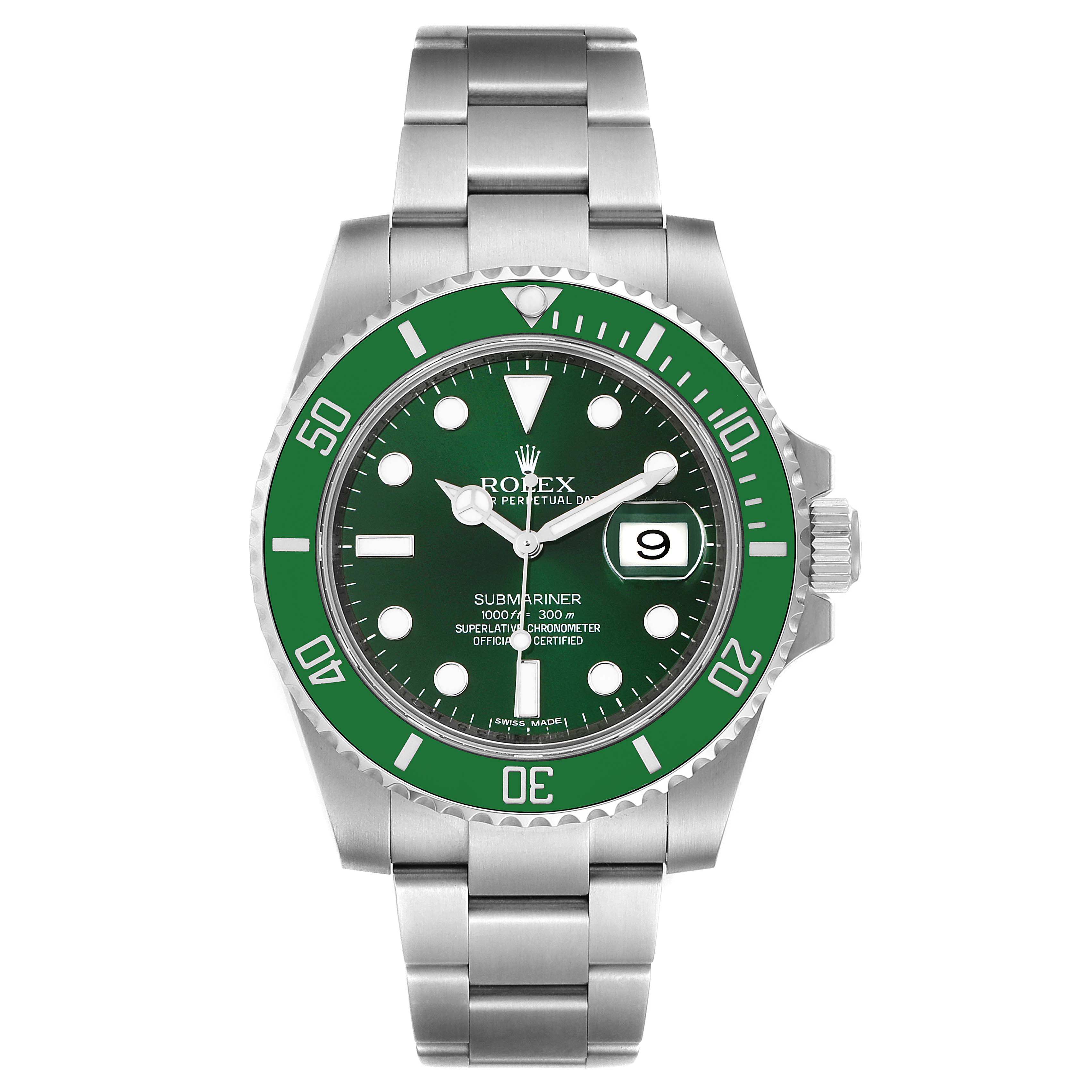 This Rolex Submariner 116610LV Men's Stainless Steel Green Dial 116610LV Men's Stainless Steel Green Dial watch is shown from a front angle, highlighting its green dial, bezel, and metal bracelet.