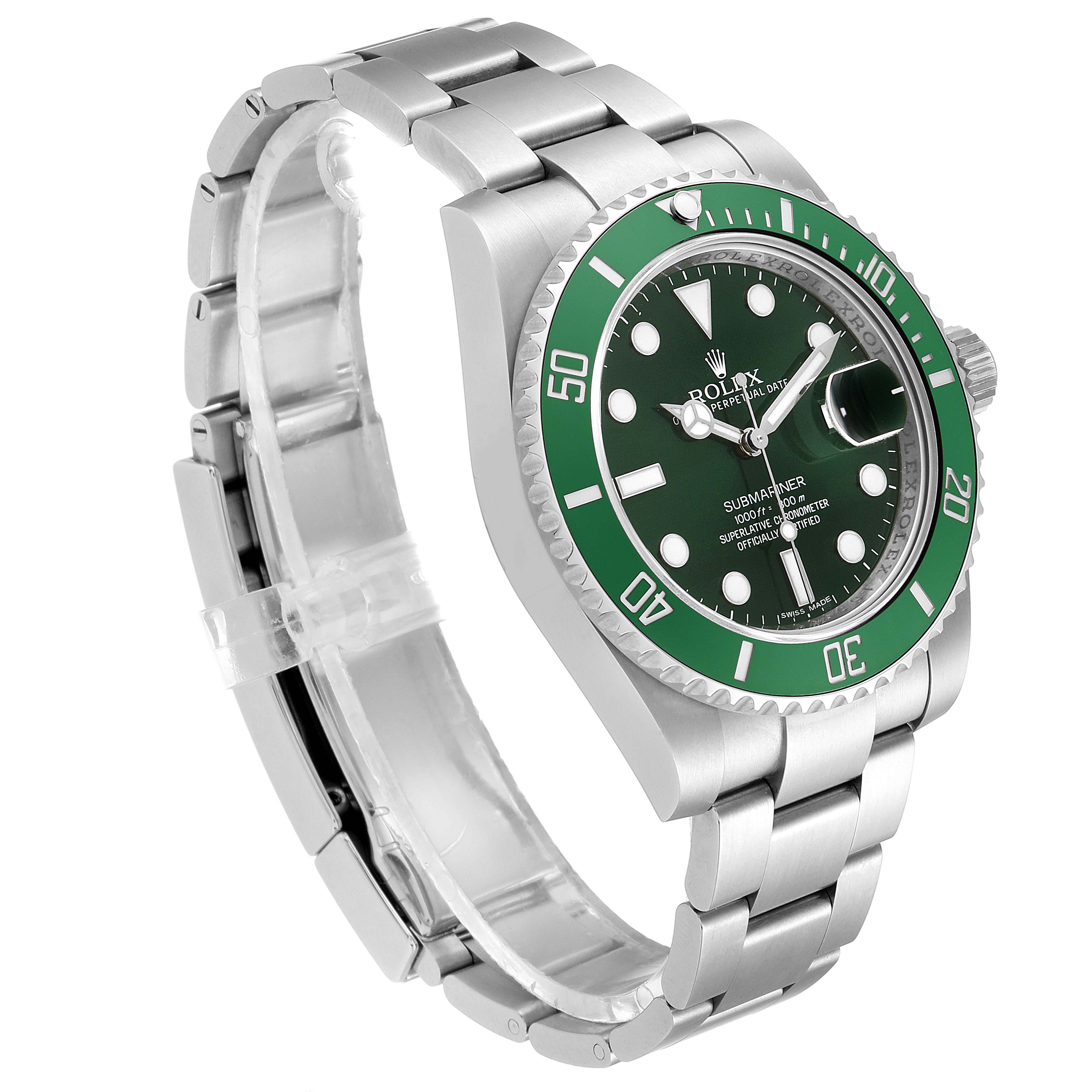 The image shows a Rolex Submariner 116610LV Men's Stainless Steel Green Dial 116610LV Men's Stainless Steel Green Dial watch angled to highlight the dial, bezel, and bracelet.