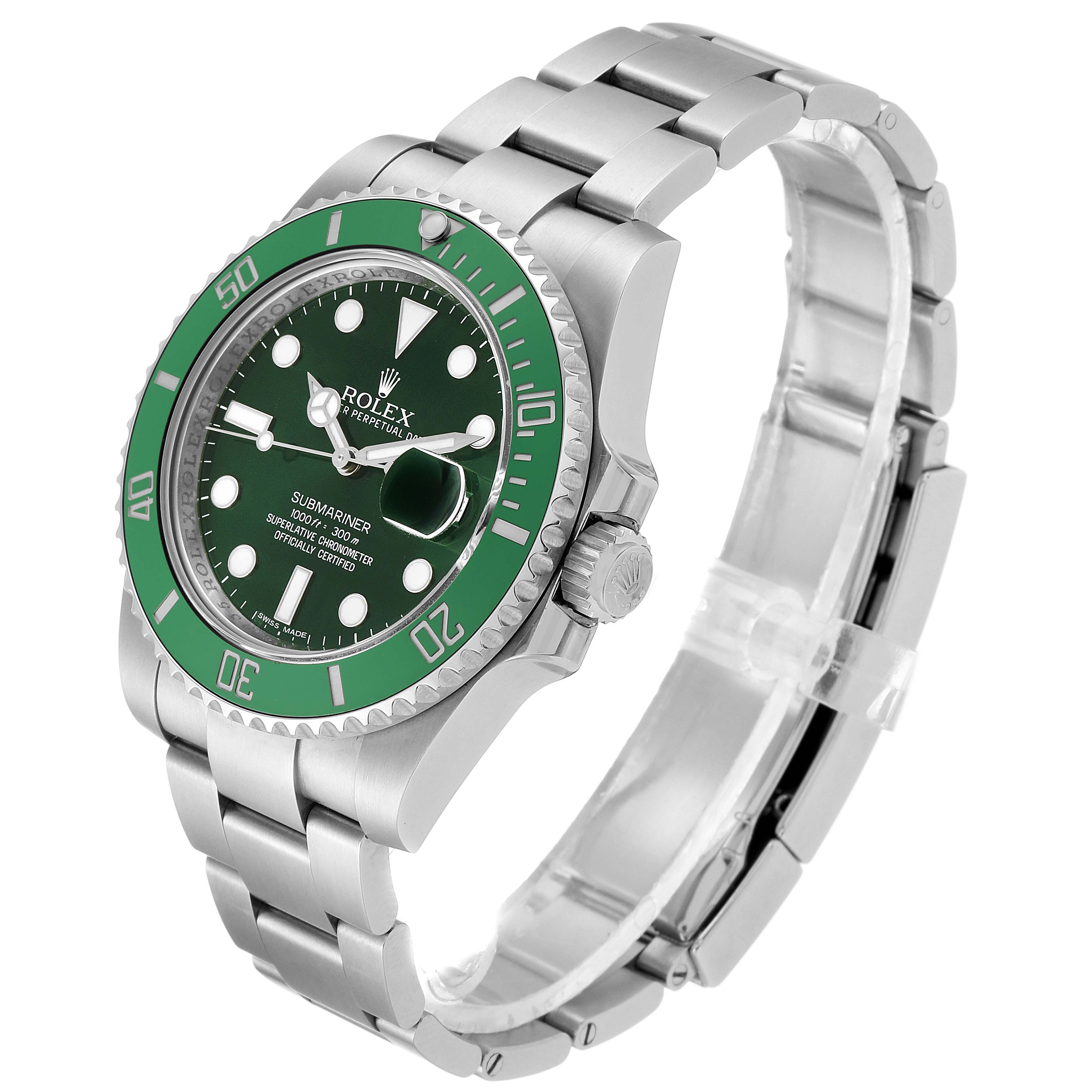The Rolex Submariner 116610LV Men's Stainless Steel Green Dial 116610LV Men's Stainless Steel Green Dial watch is shown at a slight angle, displaying its green bezel, watch face, and part of the bracelet.